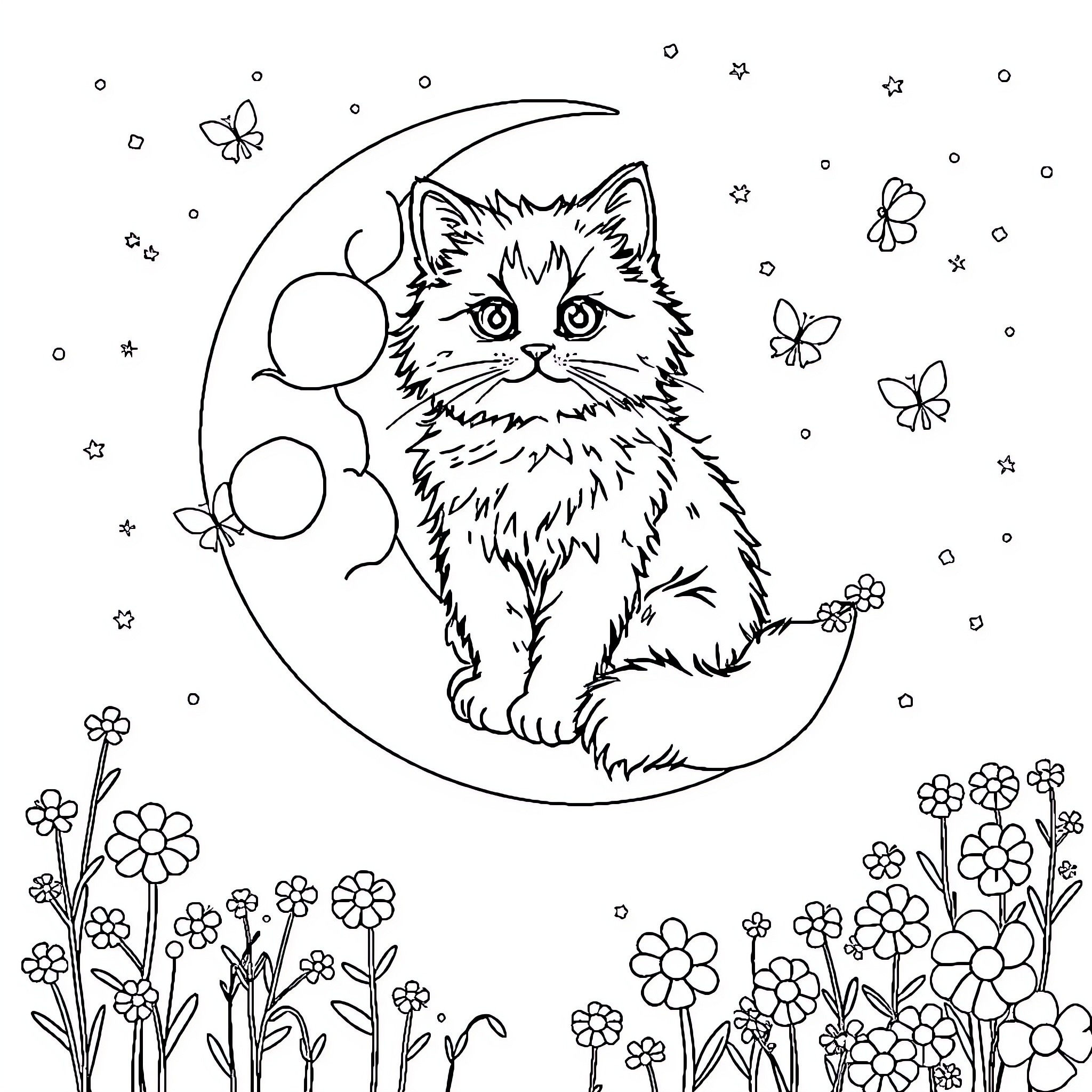 Cat in the Moonlight with Butterflies Coloring Page (free black-and-white line drawing printable PDF for all, from beginners to advanced learners, including children, teens, adults, and seniors)