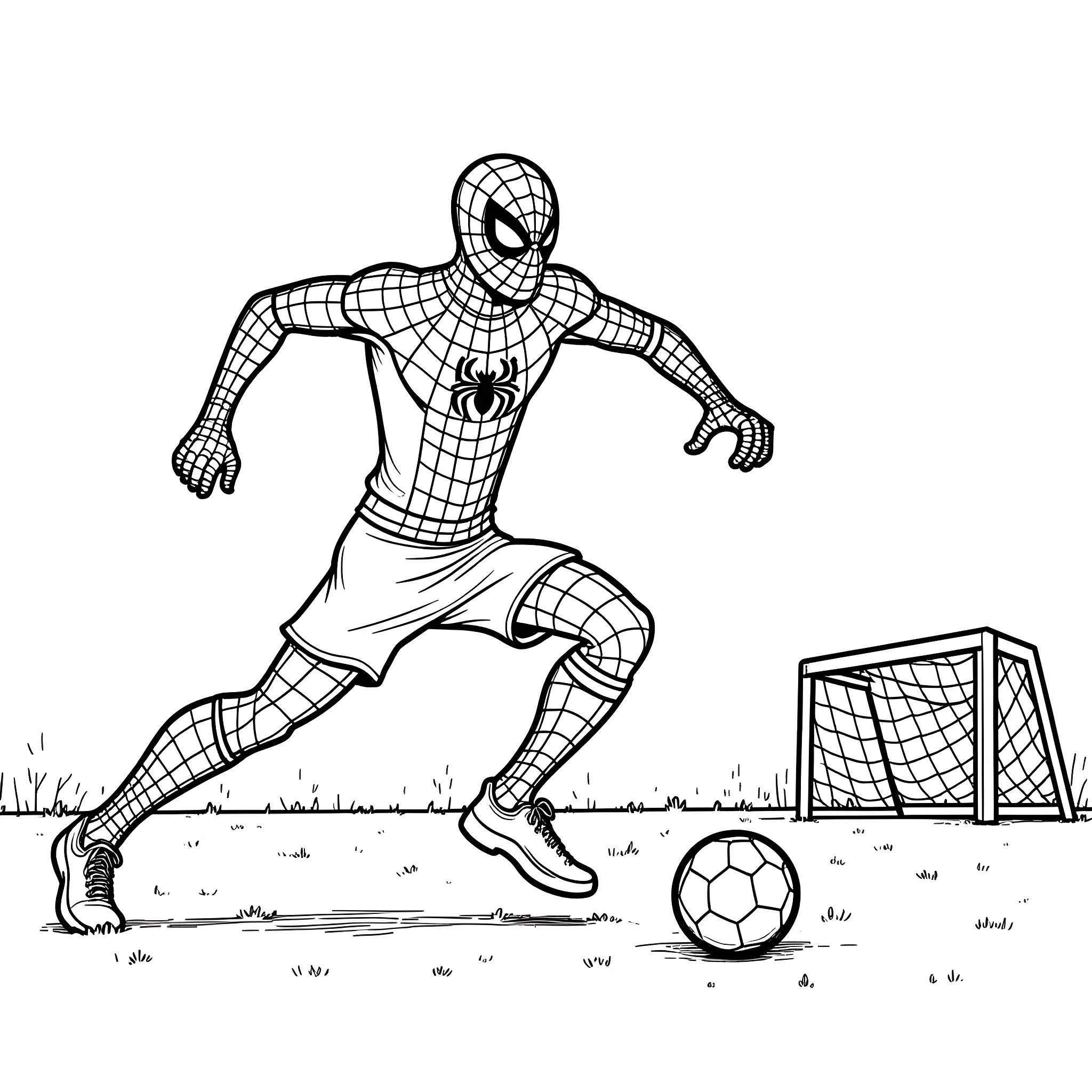 Spiderman playing soccer on the field Coloring Page (free black-and-white line drawing printable PDF for all, from beginners to advanced learners, including children, teens, adults, and seniors)
