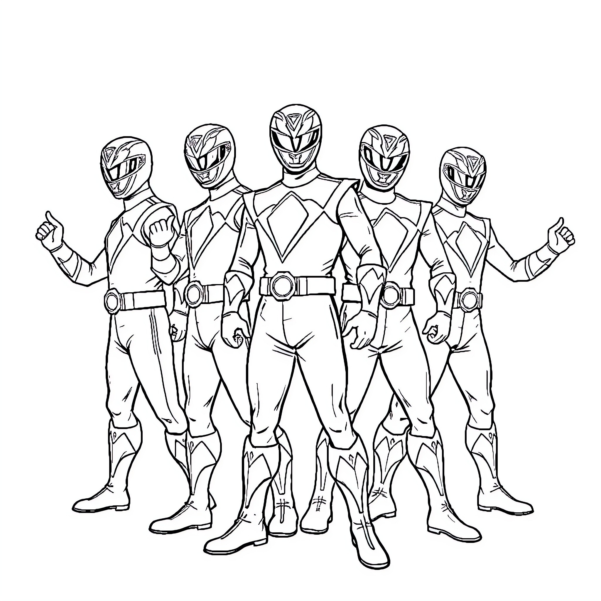 Power Rangers in Action Poses Coloring Page (free black-and-white line drawing printable PDF for all, from beginners to advanced learners, including children, teens, adults, and seniors)
