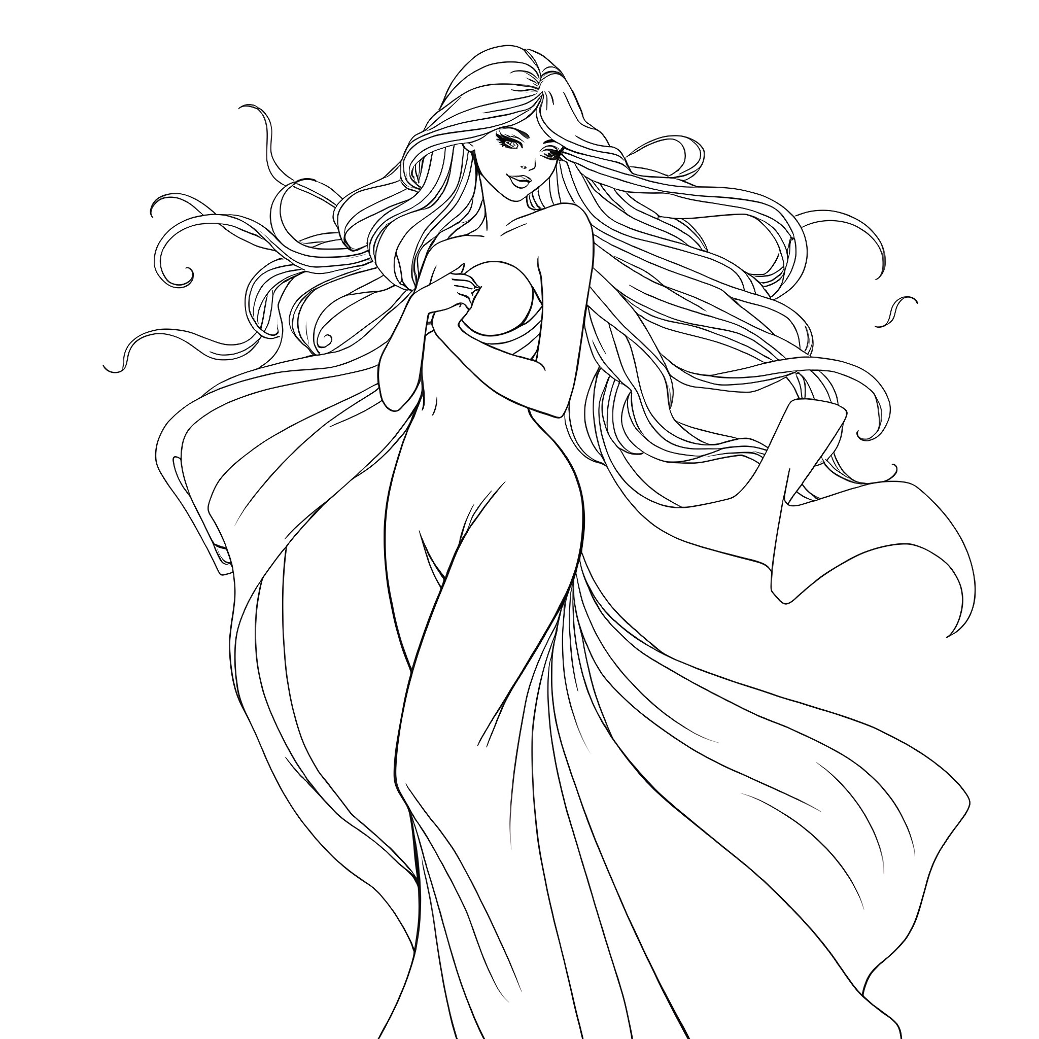 Breast of a Graceful Mermaid in Flowing Dress Coloring Page (free black-and-white line drawing printable PDF for all, from beginners to advanced learners, including children, teens, adults, and seniors)