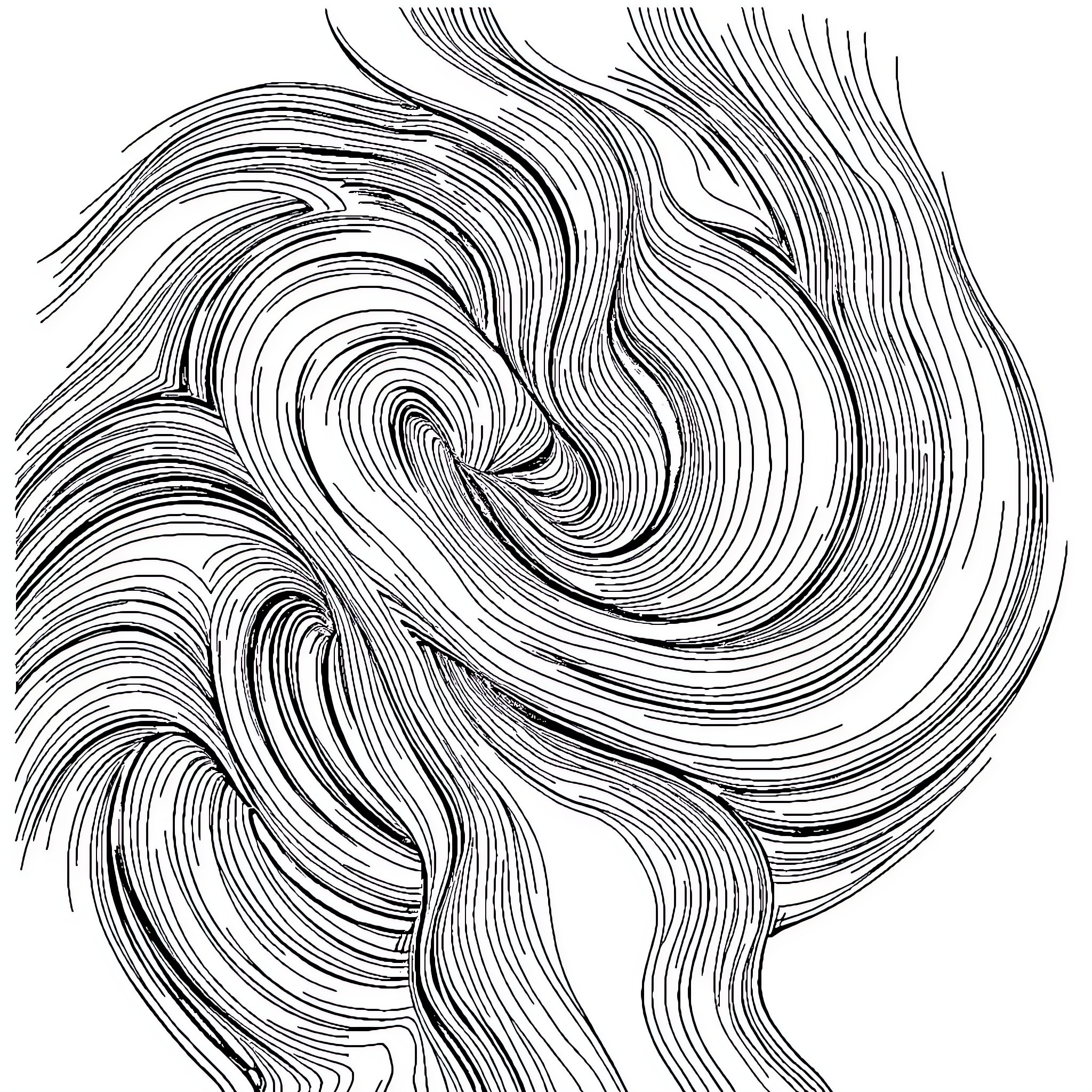 Hand-drawn abstract swirls and curves Coloring Page (free black-and-white line drawing printable PDF for all, from beginners to advanced learners, including children, teens, adults, and seniors)