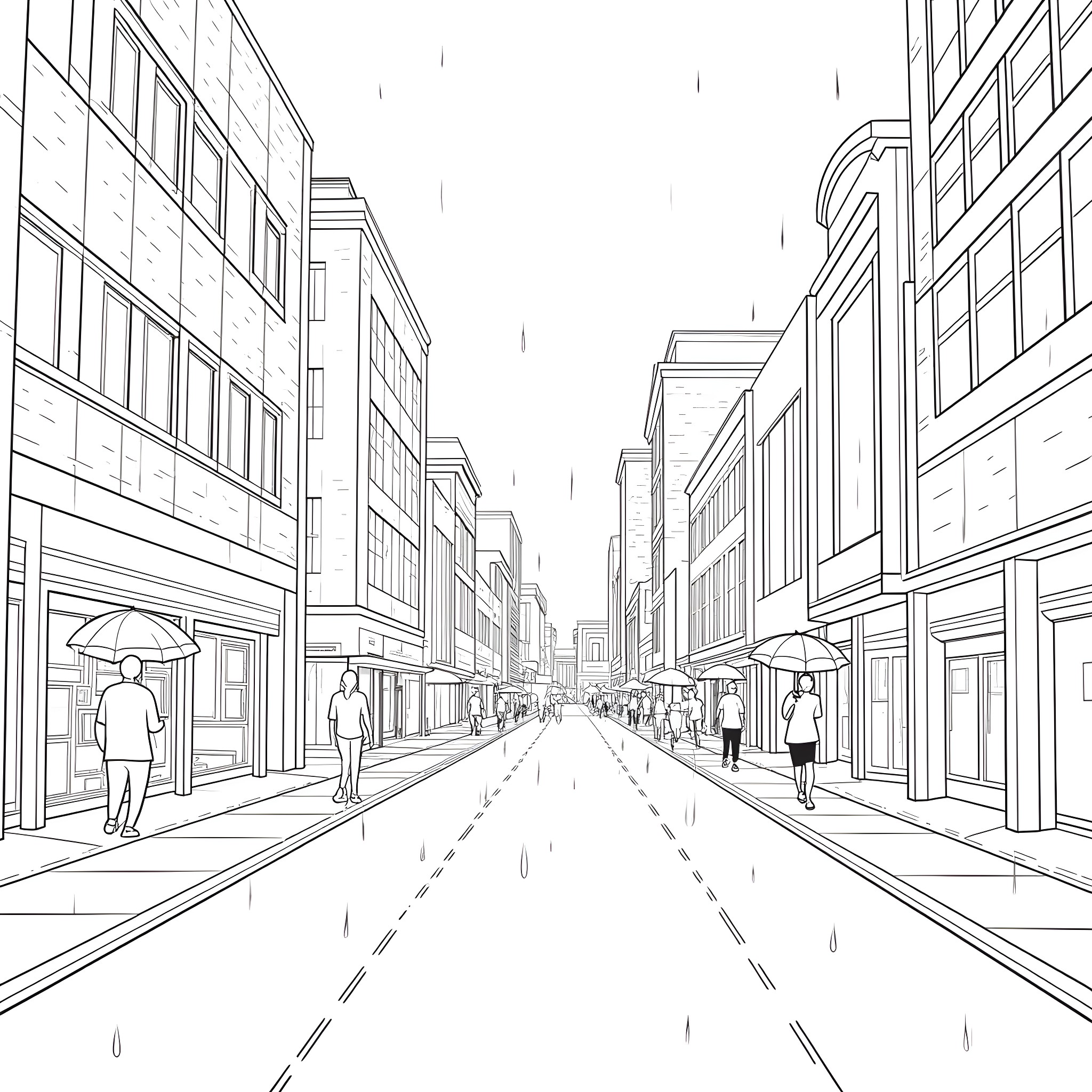 Rainy Day in the City Streets Coloring Page (free black-and-white line drawing printable PDF for all, from beginners to advanced learners, including children, teens, adults, and seniors)