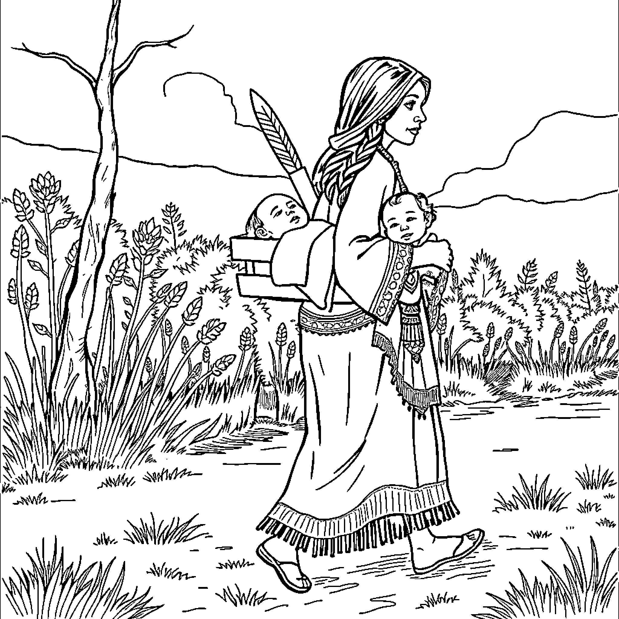 Sacagawea guiding a group through the wilderness Coloring Page (free black-and-white line drawing printable PDF for all, from beginners to advanced learners, including children, teens, adults, and seniors)
