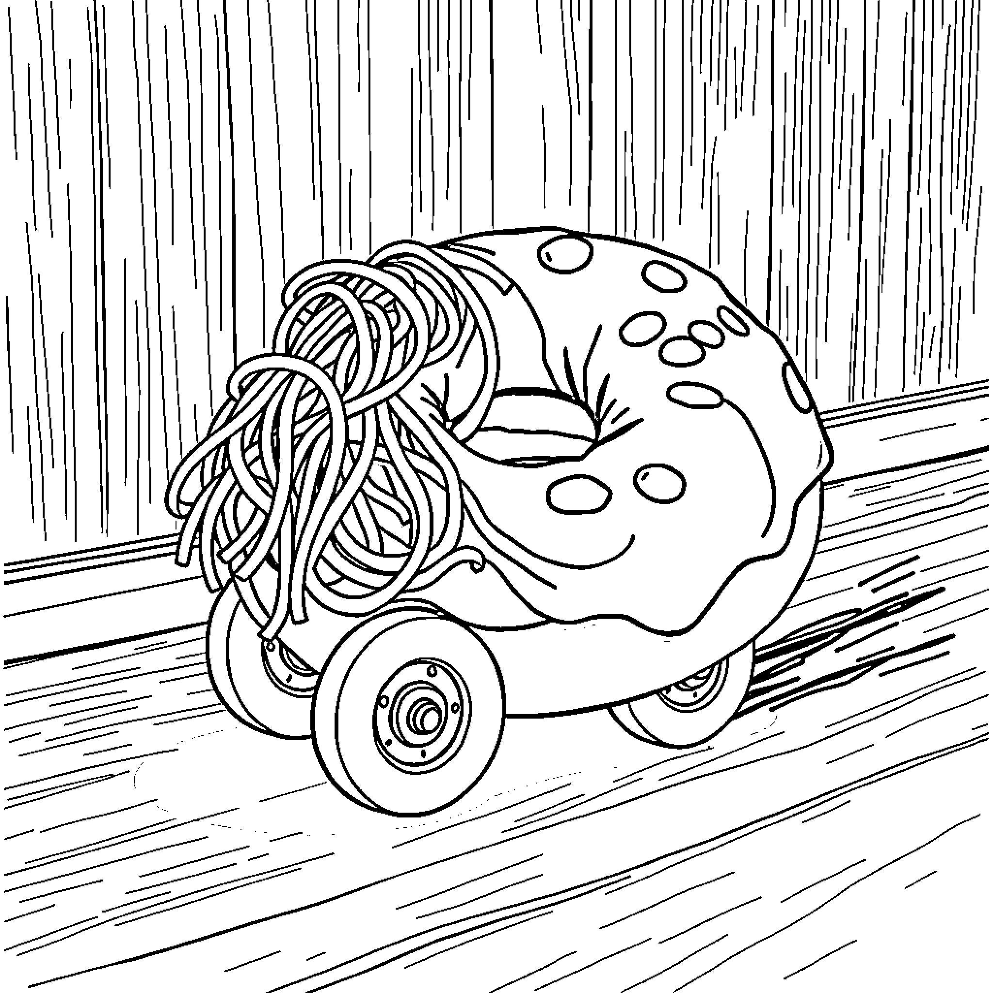Doughnut-shaped car racing down the road Coloring Page (free black-and-white line drawing printable PDF for all, from beginners to advanced learners, including children, teens, adults, and seniors)