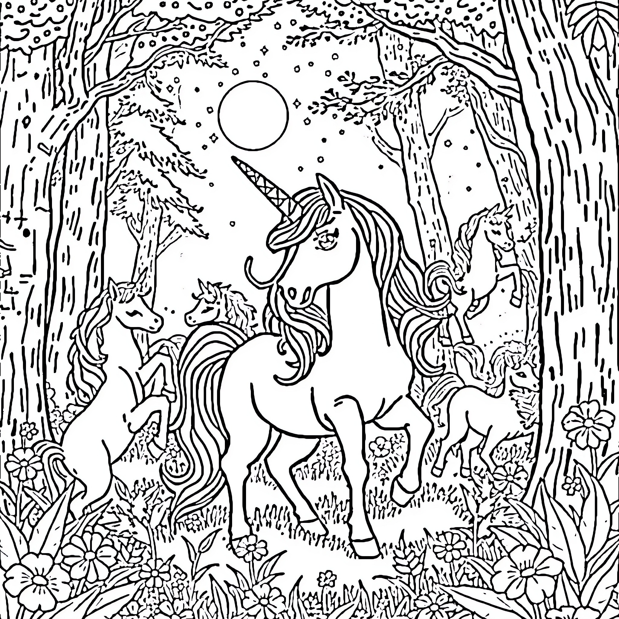 Unicorn Gathering in a Mystical Forest Coloring Page (free black-and-white line drawing printable PDF for all, from beginners to advanced learners, including children, teens, adults, and seniors)