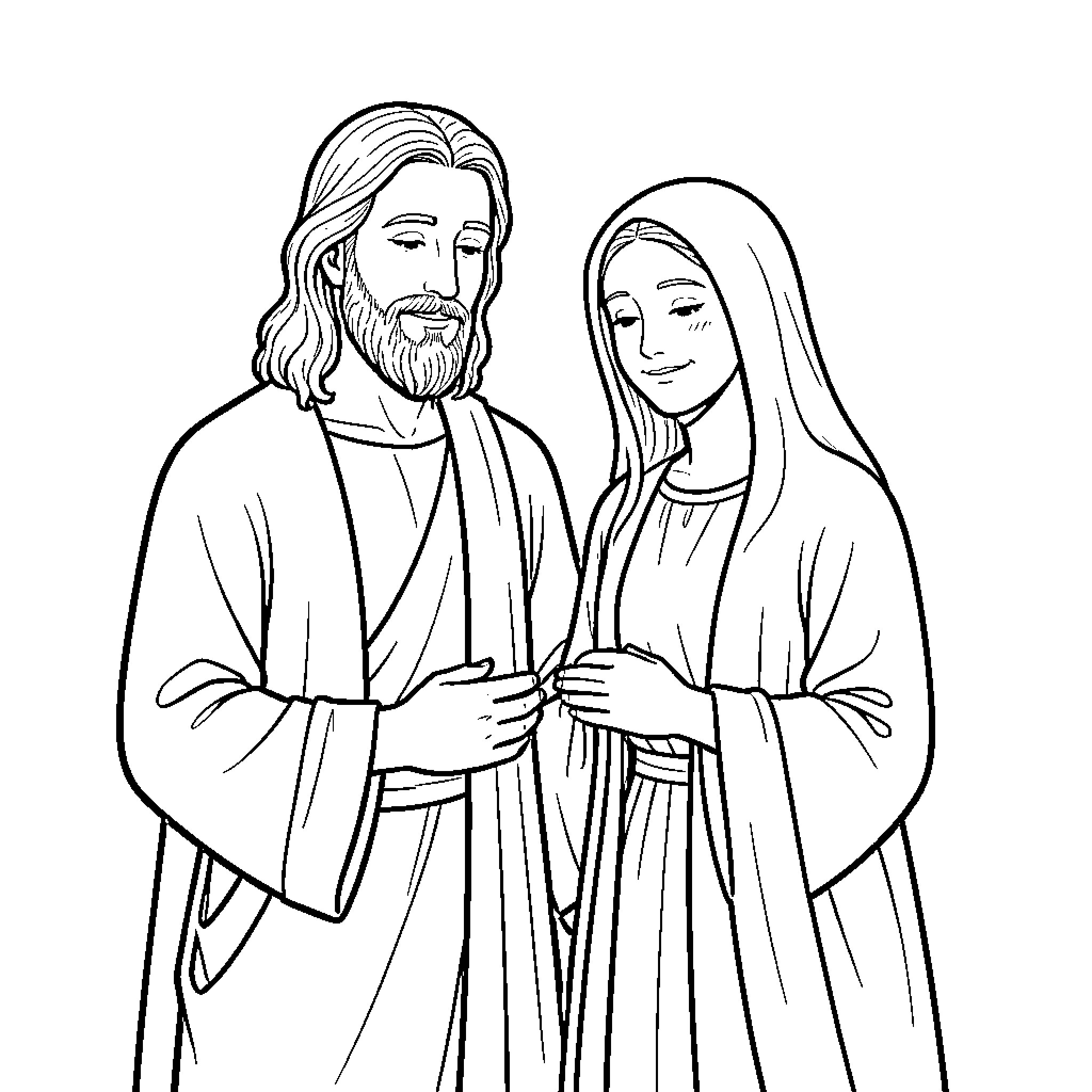 Jesus and Mary in Loving Embrace Coloring Page (free black-and-white line drawing printable PDF for all, from beginners to advanced learners, including children, teens, adults, and seniors)