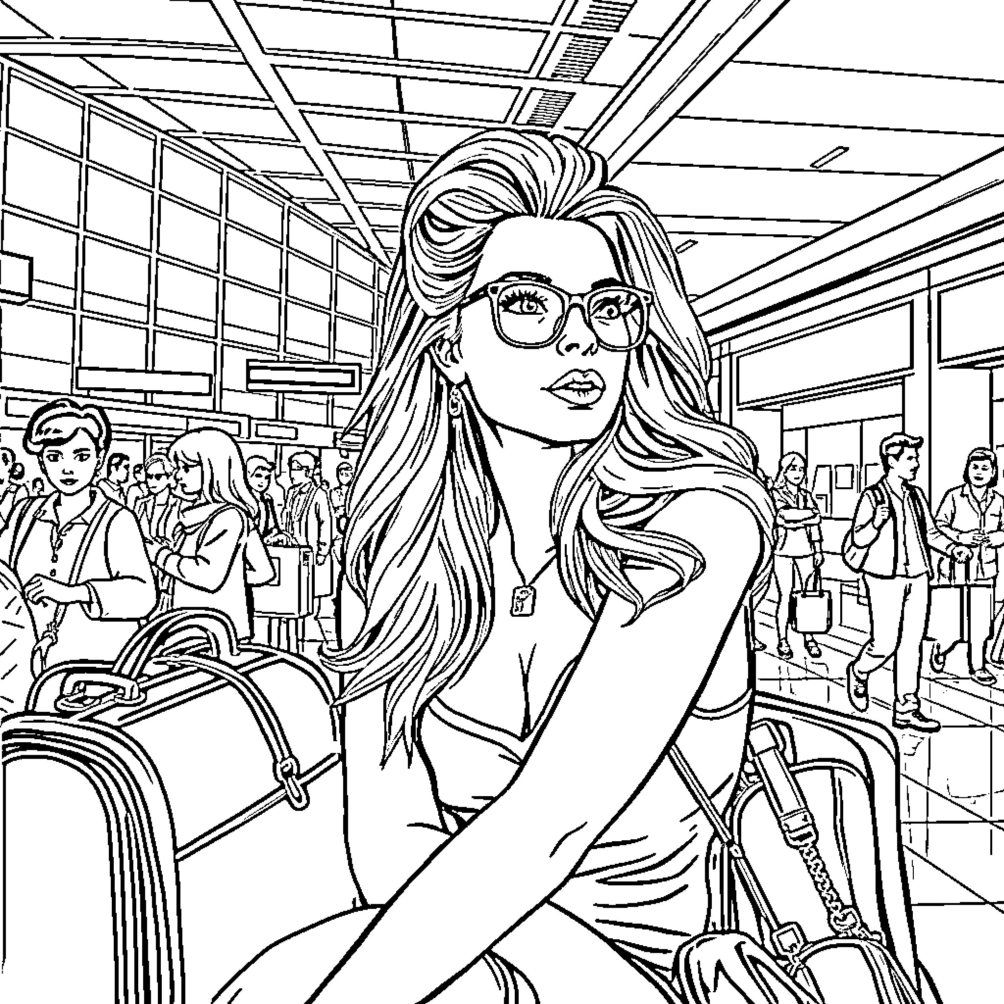 Carmen Electra in a Busy Airport Scene Coloring Page (free black-and-white line drawing printable PDF for all, from beginners to advanced learners, including children, teens, adults, and seniors)