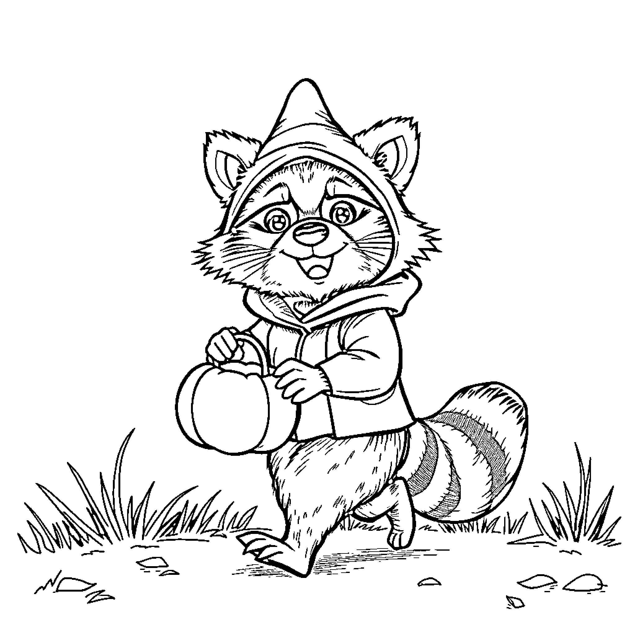 Raccoon carrying a pumpkin in the woods Coloring Page (free black-and-white line drawing printable PDF for all, from beginners to advanced learners, including children, teens, adults, and seniors)