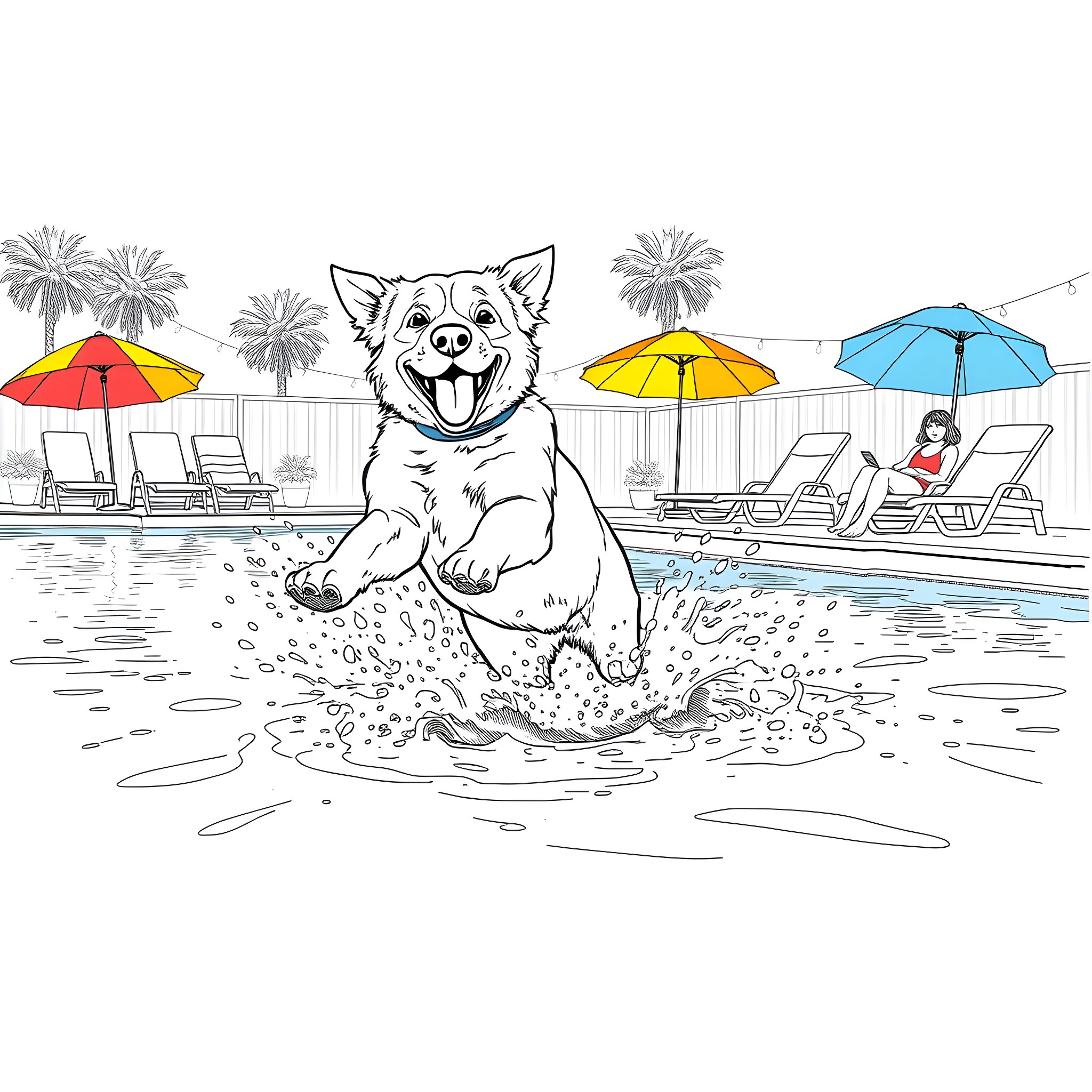 Dog enjoying a refreshing dip in the pool Coloring Page (free black-and-white line drawing printable PDF for all, from beginners to advanced learners, including children, teens, adults, and seniors)