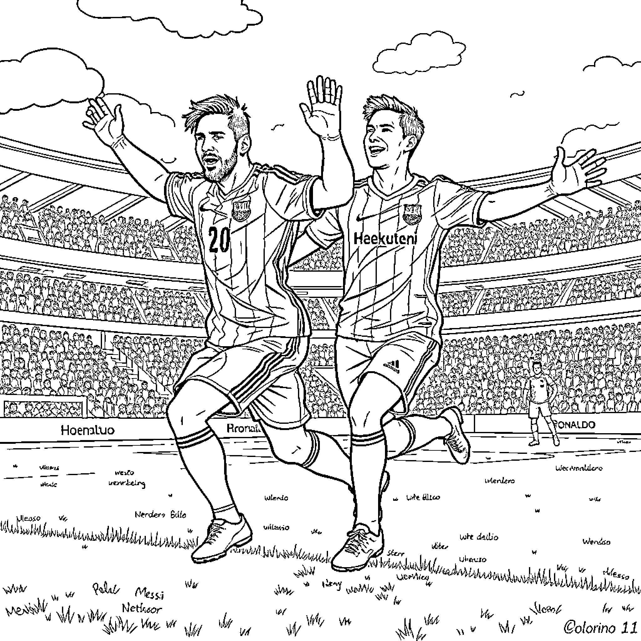 Messi and Ronaldo celebrating on the soccer field Coloring Page (free black-and-white line drawing printable PDF for all, from beginners to advanced learners, including children, teens, adults, and seniors)