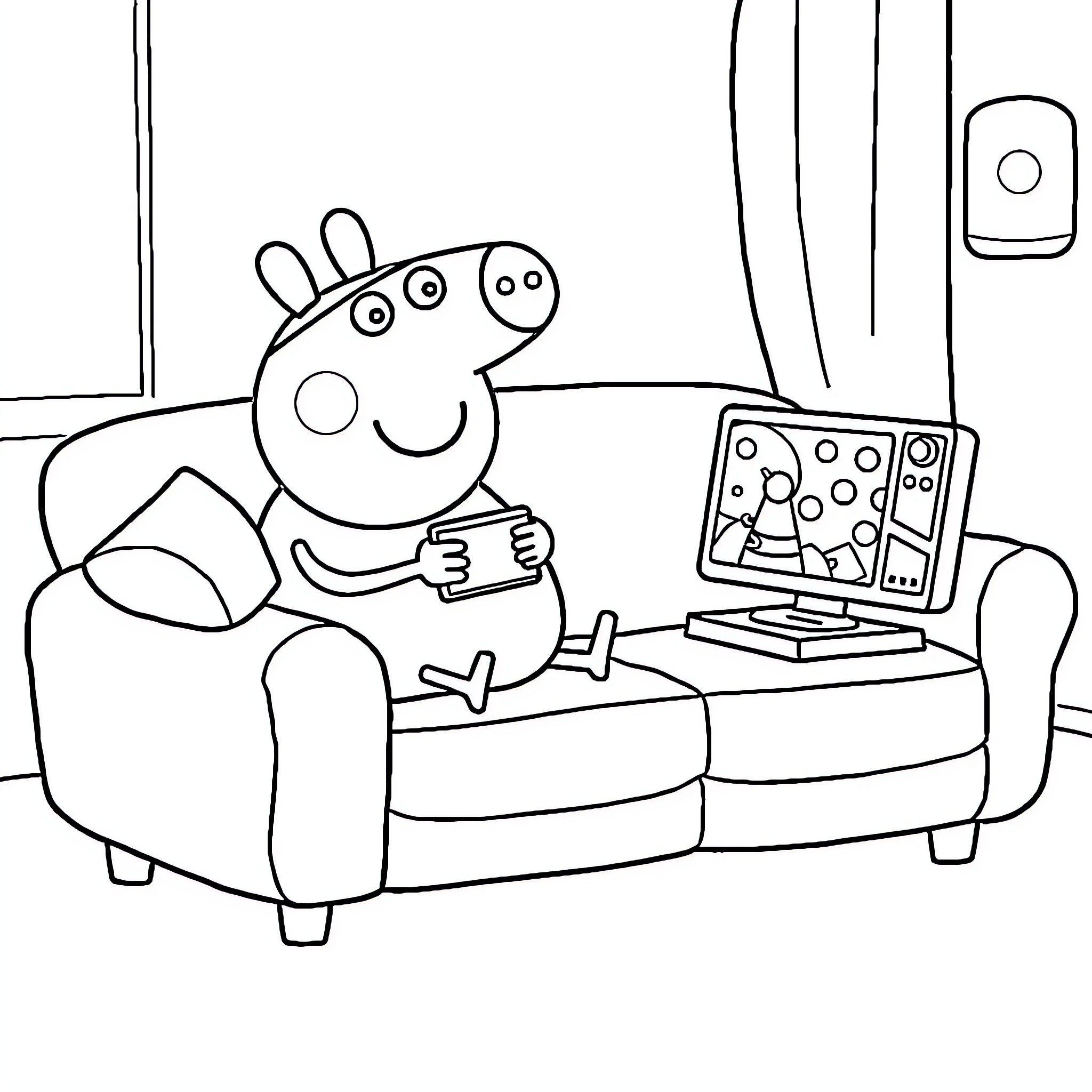 Peppa Pig relaxing and playing video games Coloring Page (free black-and-white line drawing printable PDF for all, from beginners to advanced learners, including children, teens, adults, and seniors)