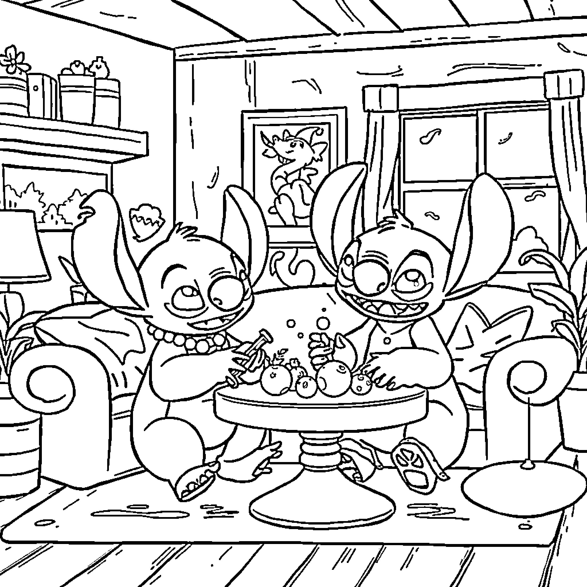 Lilo And Stitch Enjoying a Delightful Snack Together Coloring Page (free black-and-white line drawing printable PDF for all, from beginners to advanced learners, including children, teens, adults, and seniors)