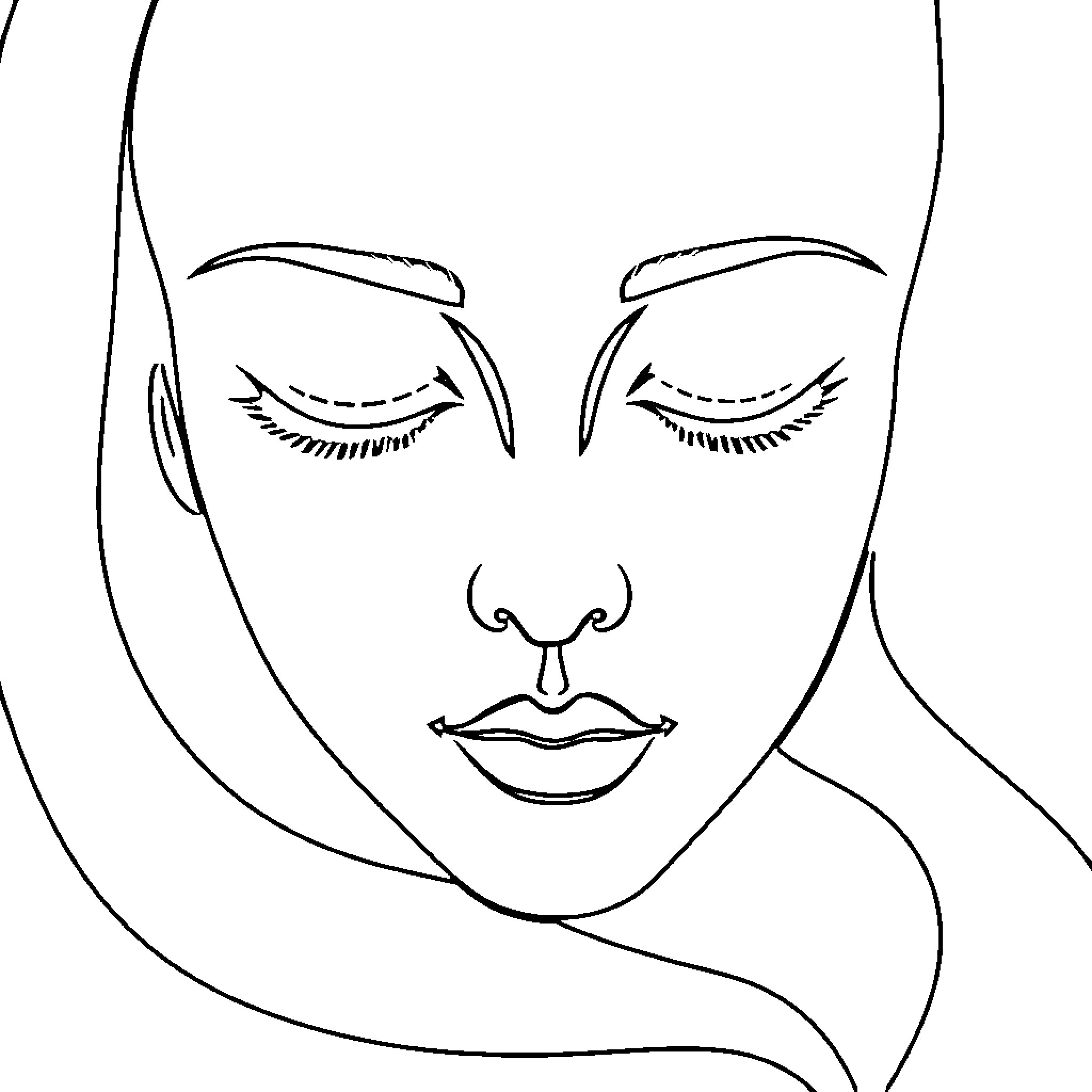 Human Face with Closed Eyes and Serene Expression Coloring Page (free black-and-white line drawing printable PDF for all, from beginners to advanced learners, including children, teens, adults, and seniors)