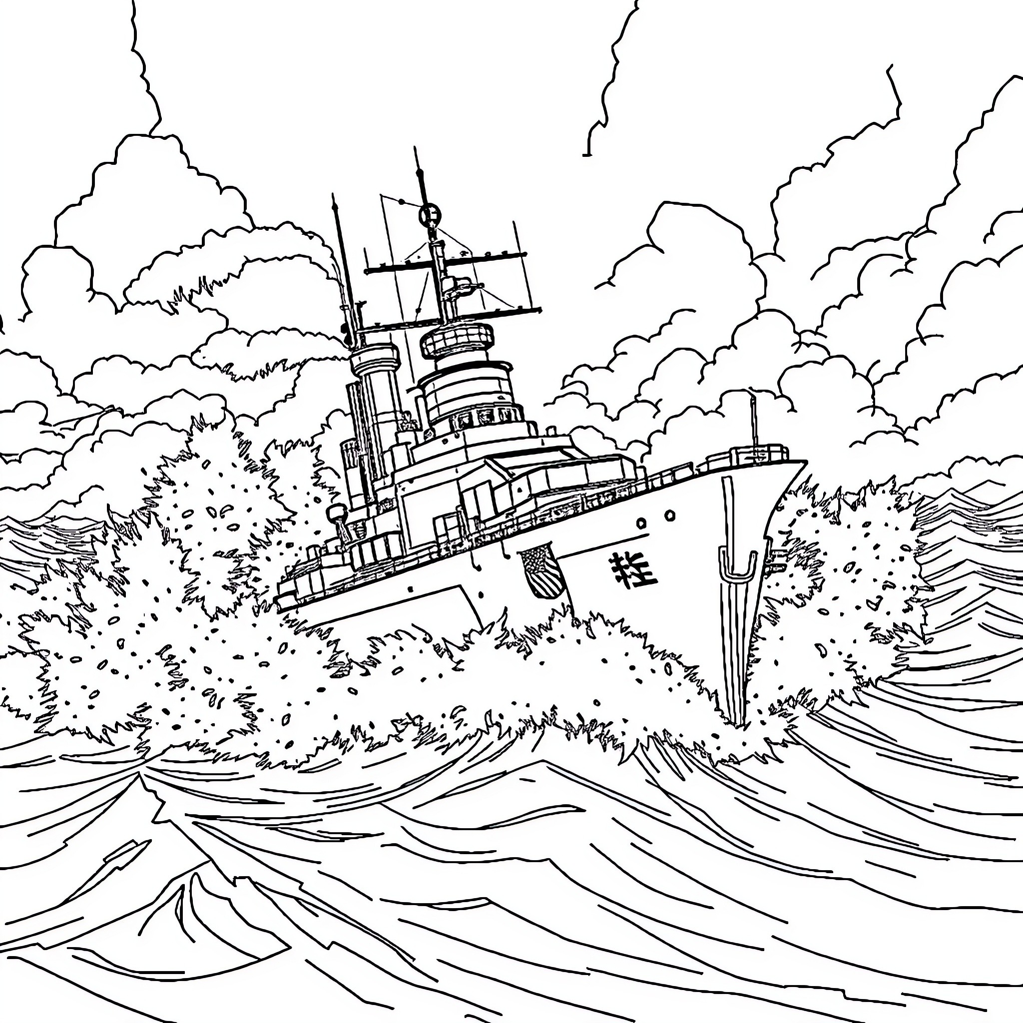 Battleship sailing through rough seas Coloring Page (free black-and-white line drawing printable PDF for all, from beginners to advanced learners, including children, teens, adults, and seniors)