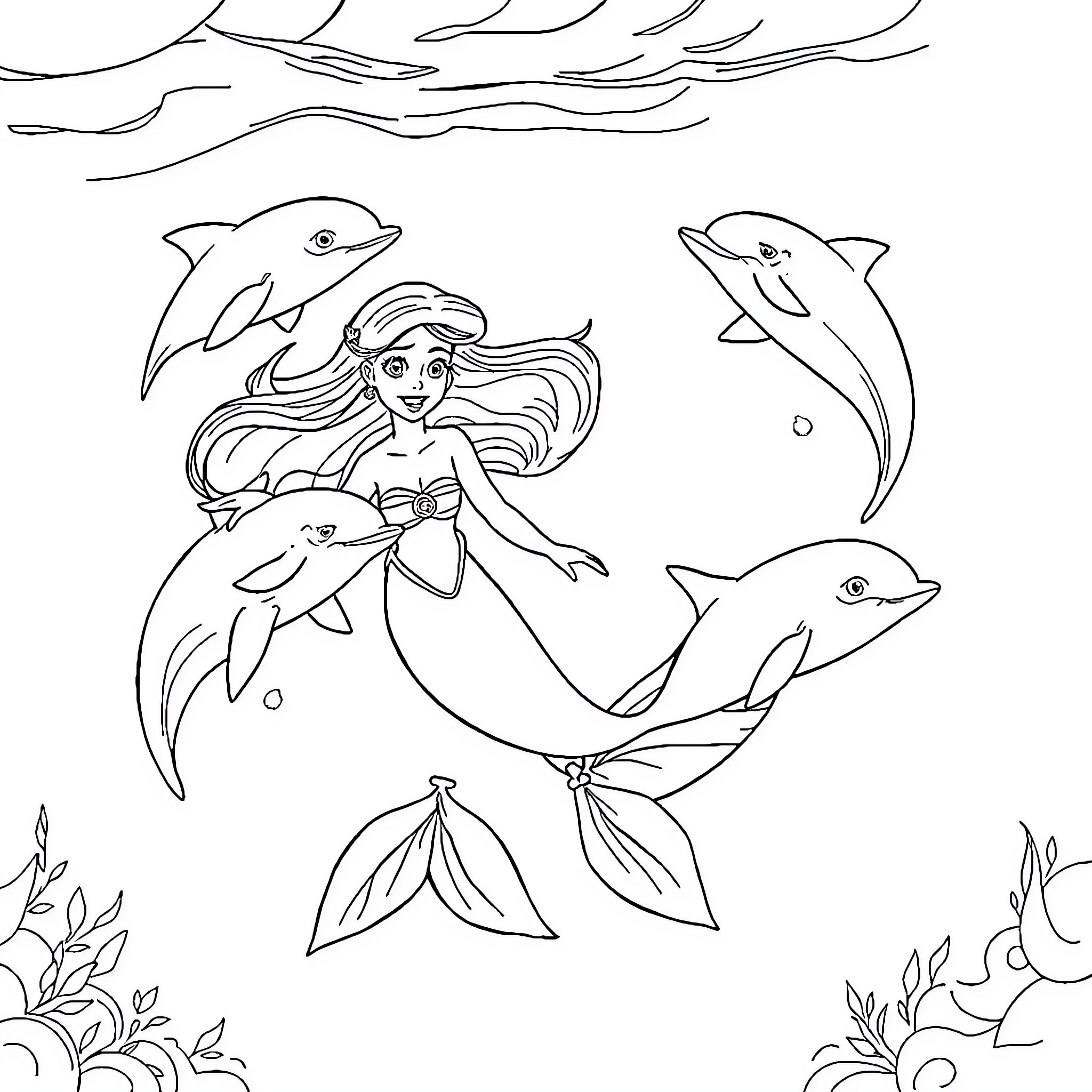 Princess Ariel swimming with dolphins in the ocean Coloring Page (free black-and-white line drawing printable PDF for all, from beginners to advanced learners, including children, teens, adults, and seniors)