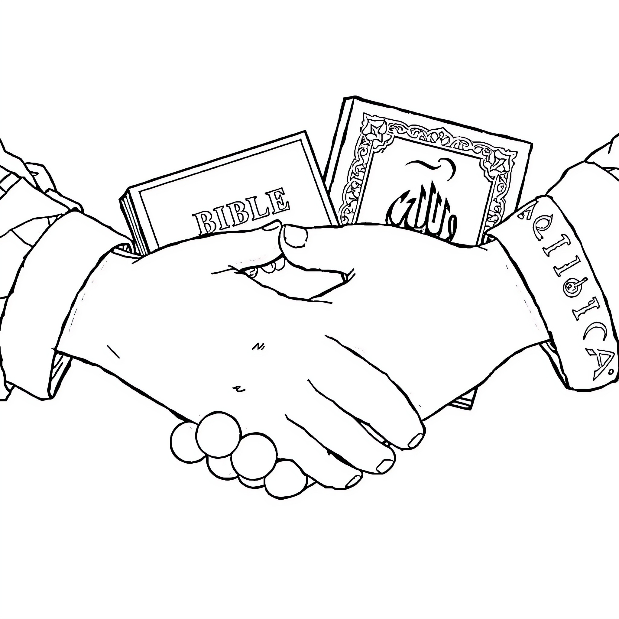 Hand gesture of friendship with religious books Coloring Page (free black-and-white line drawing printable PDF for all, from beginners to advanced learners, including children, teens, adults, and seniors)