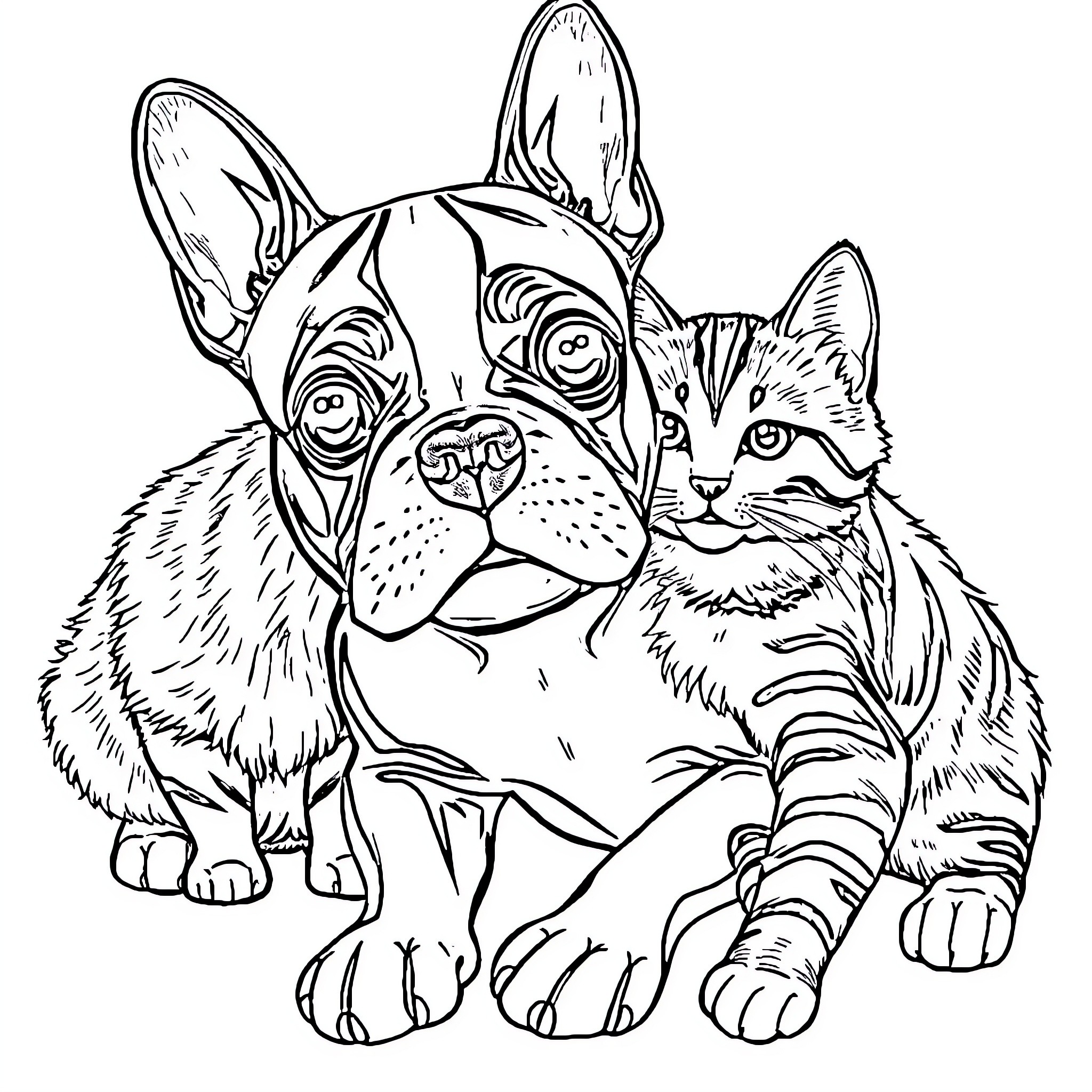 Boston Terrier and Kitten Companions Coloring Page (free black-and-white line drawing printable PDF for all, from beginners to advanced learners, including children, teens, adults, and seniors)