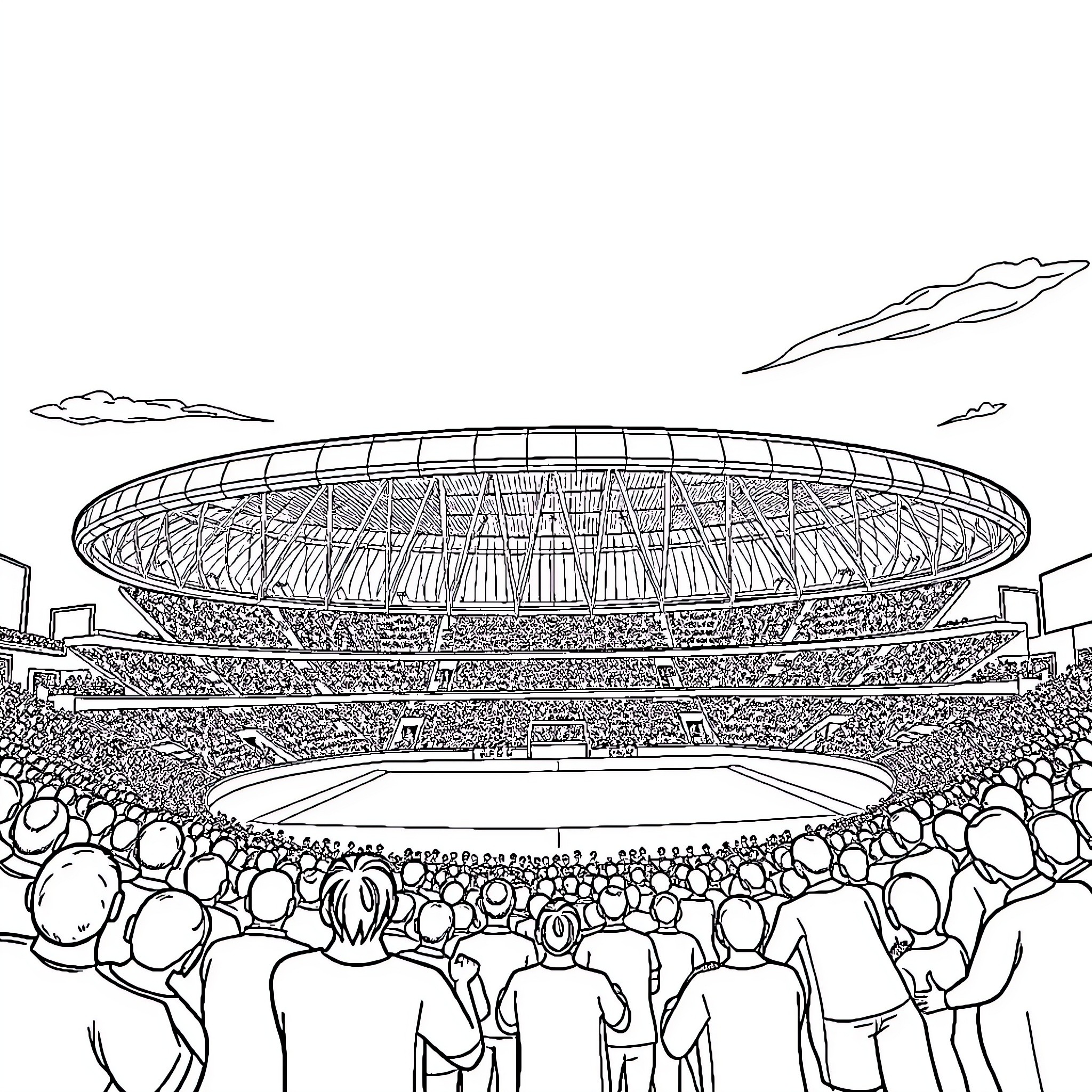 Stadium Packed with Excited Spectators Coloring Page (free black-and-white line drawing printable PDF for all, from beginners to advanced learners, including children, teens, adults, and seniors)