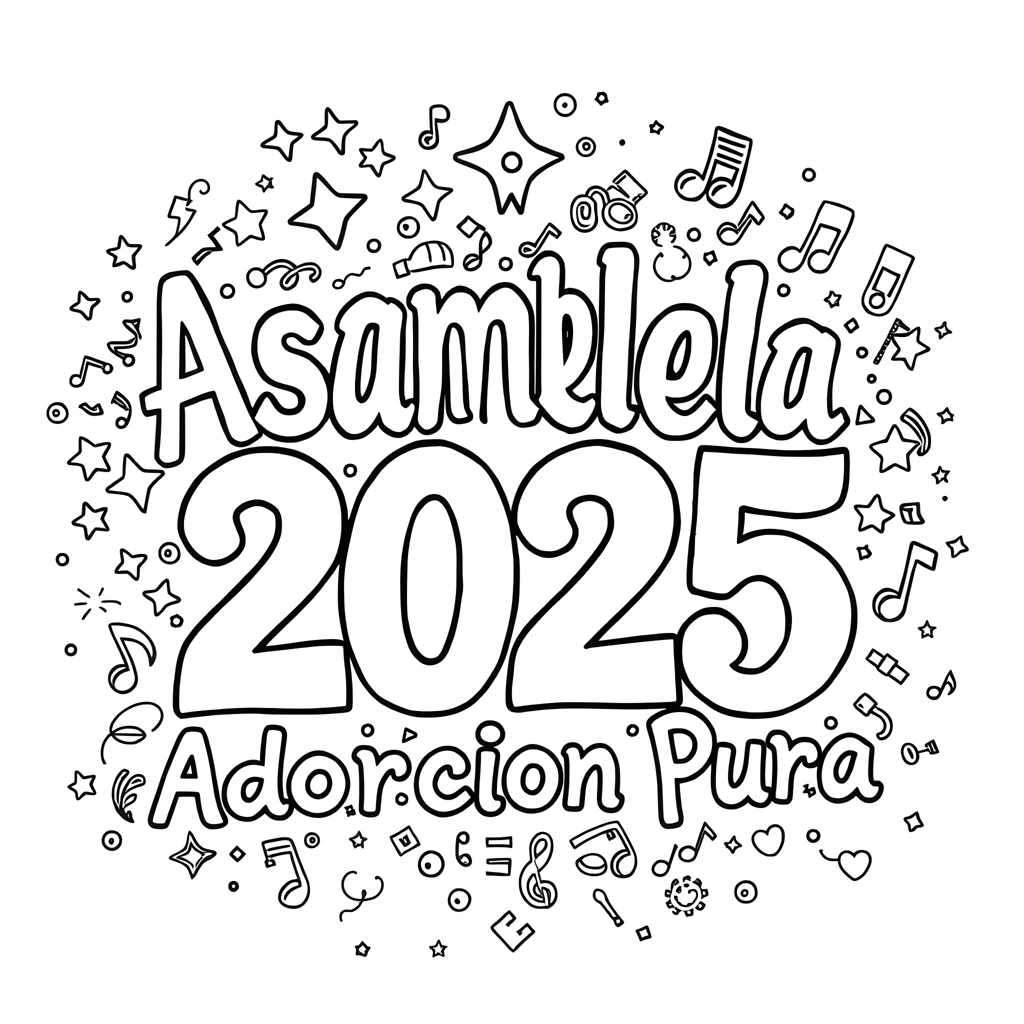 Text featuring the year 2025 and musical elements Coloring Page (free black-and-white line drawing printable PDF for all, from beginners to advanced learners, including children, teens, adults, and seniors)