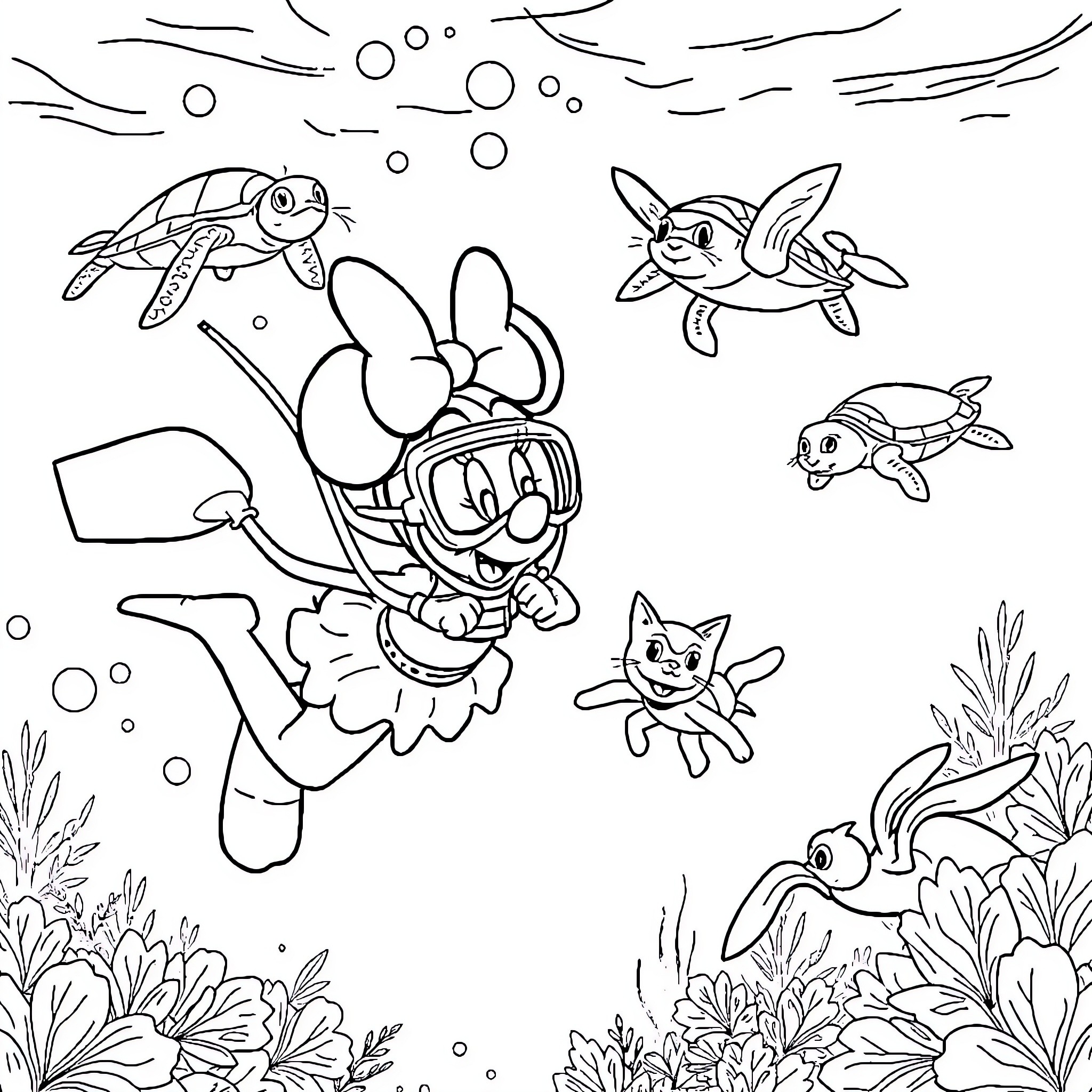 Minnie's Underwater Adventure with Sea Creatures Coloring Page (free black-and-white line drawing printable PDF for all, from beginners to advanced learners, including children, teens, adults, and seniors)