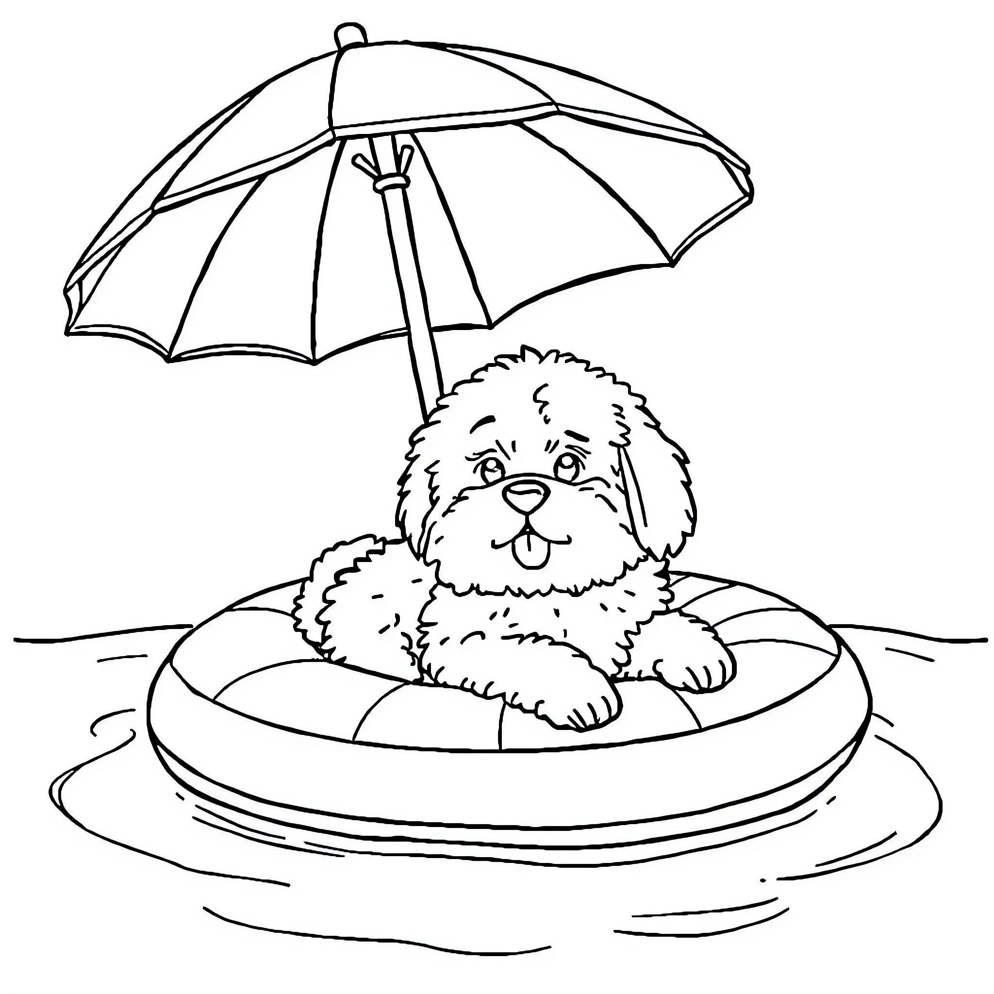 Dog relaxing under umbrella in pool Coloring Page (free black-and-white line drawing printable PDF for all, from beginners to advanced learners, including children, teens, adults, and seniors)