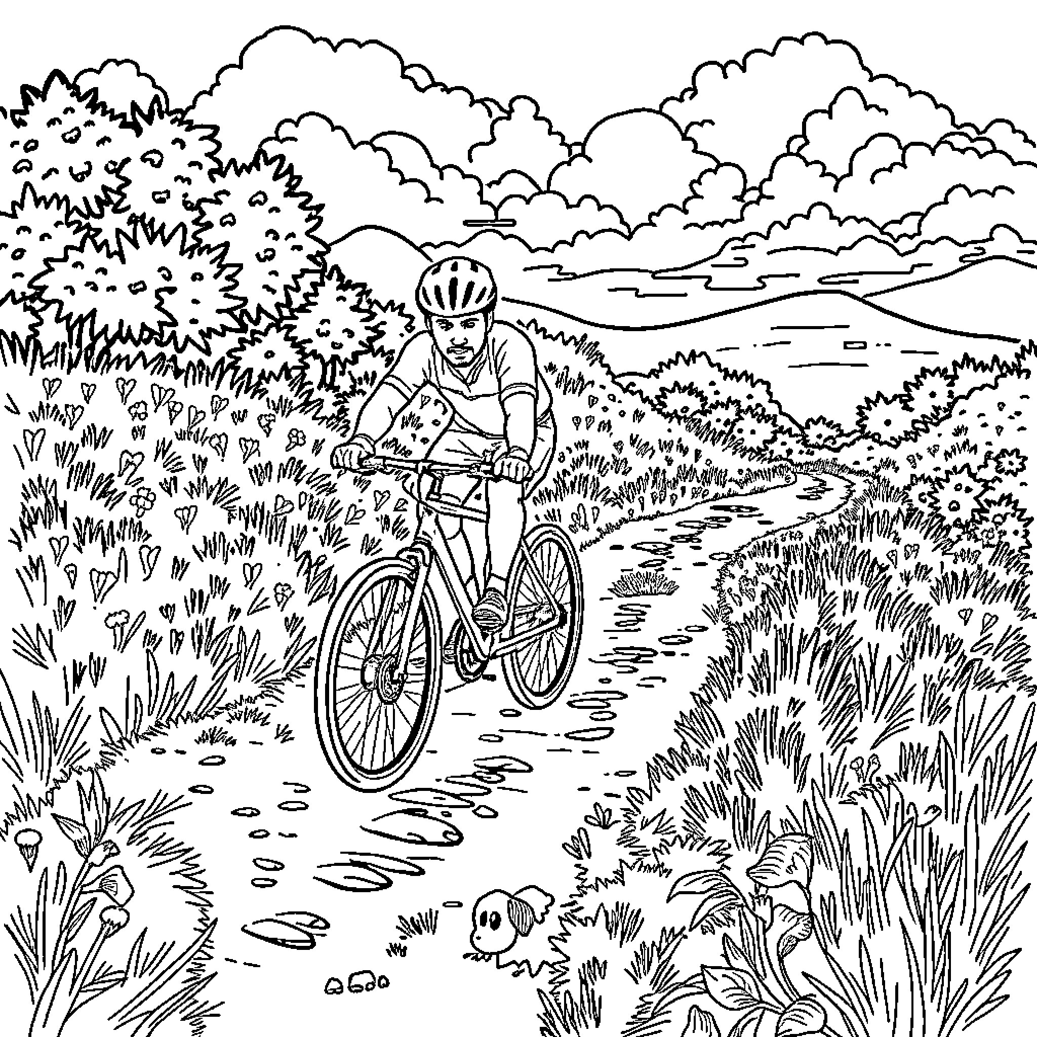 Bicycle ride through the scenic countryside Coloring Page (free black-and-white line drawing printable PDF for all, from beginners to advanced learners, including children, teens, adults, and seniors)