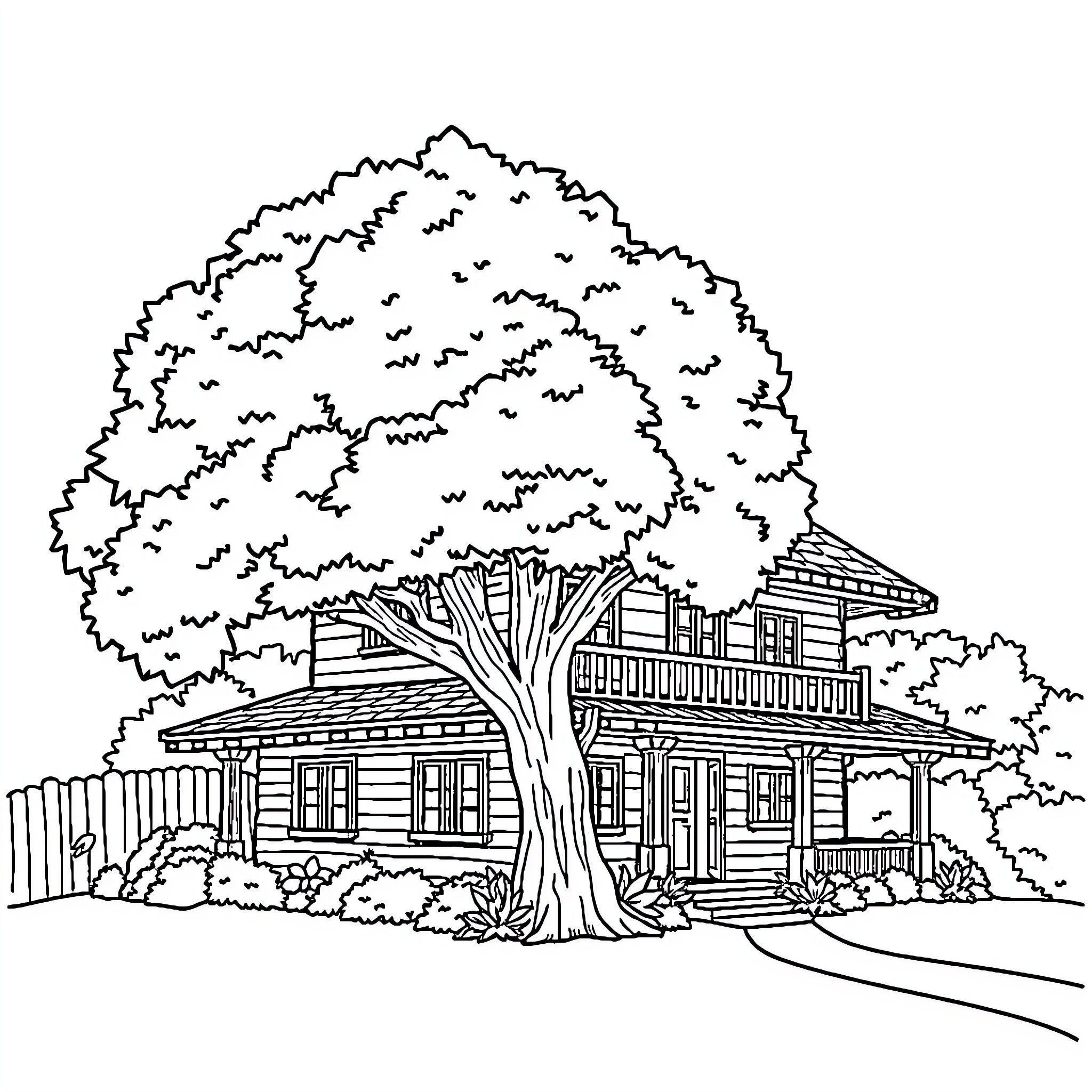 House with a grand tree in the yard Coloring Page (free black-and-white line drawing printable PDF for all, from beginners to advanced learners, including children, teens, adults, and seniors)
