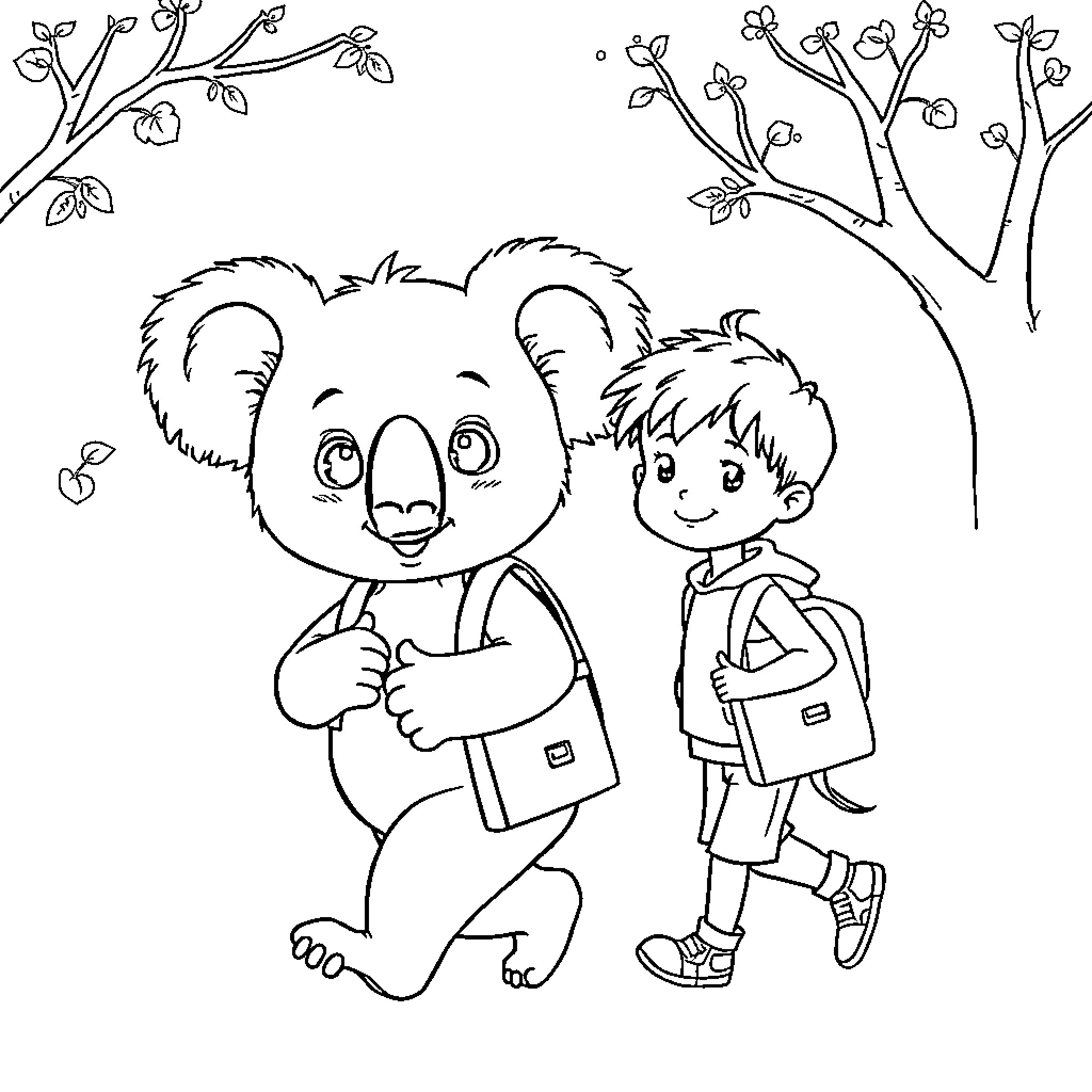 Koala and child exploring the outdoors together Coloring Page (free black-and-white line drawing printable PDF for all, from beginners to advanced learners, including children, teens, adults, and seniors)
