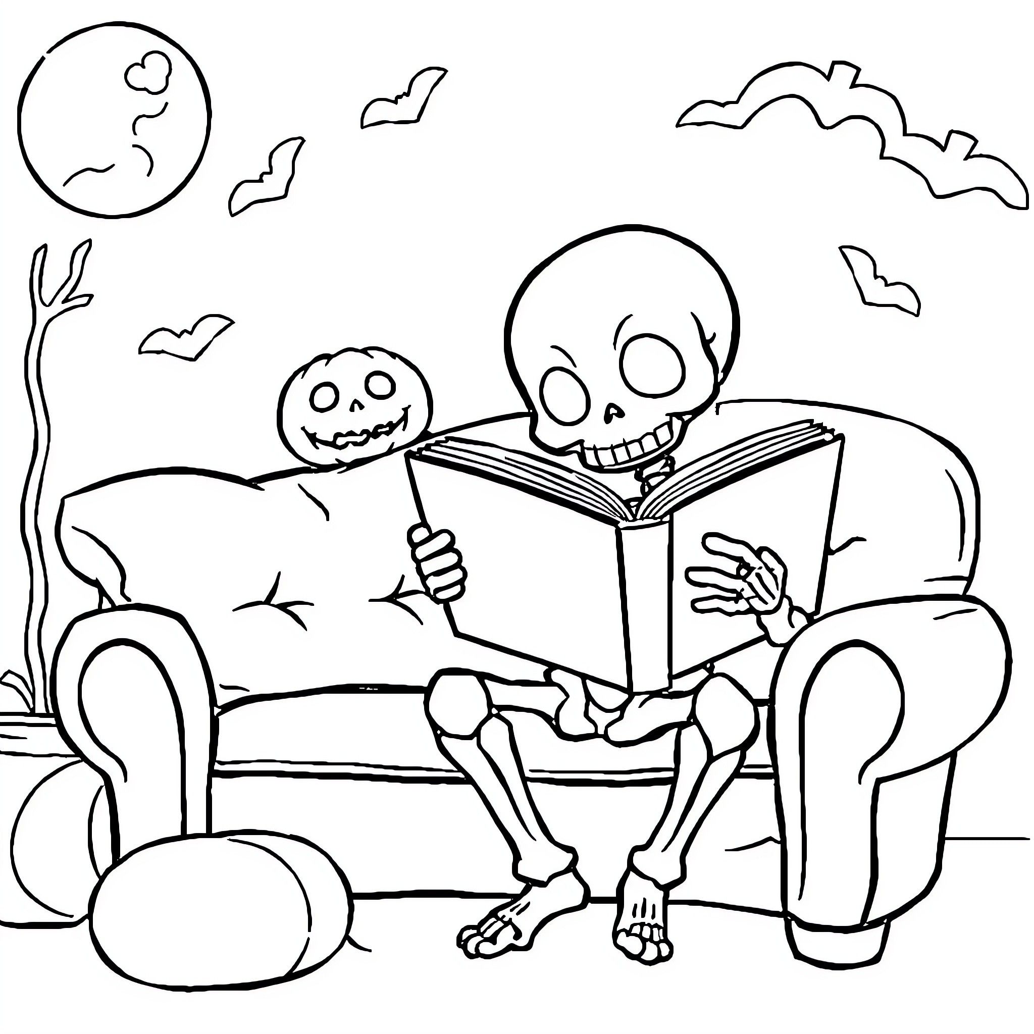Skeleton characters reading a book together Coloring Page (free black-and-white line drawing printable PDF for all, from beginners to advanced learners, including children, teens, adults, and seniors)