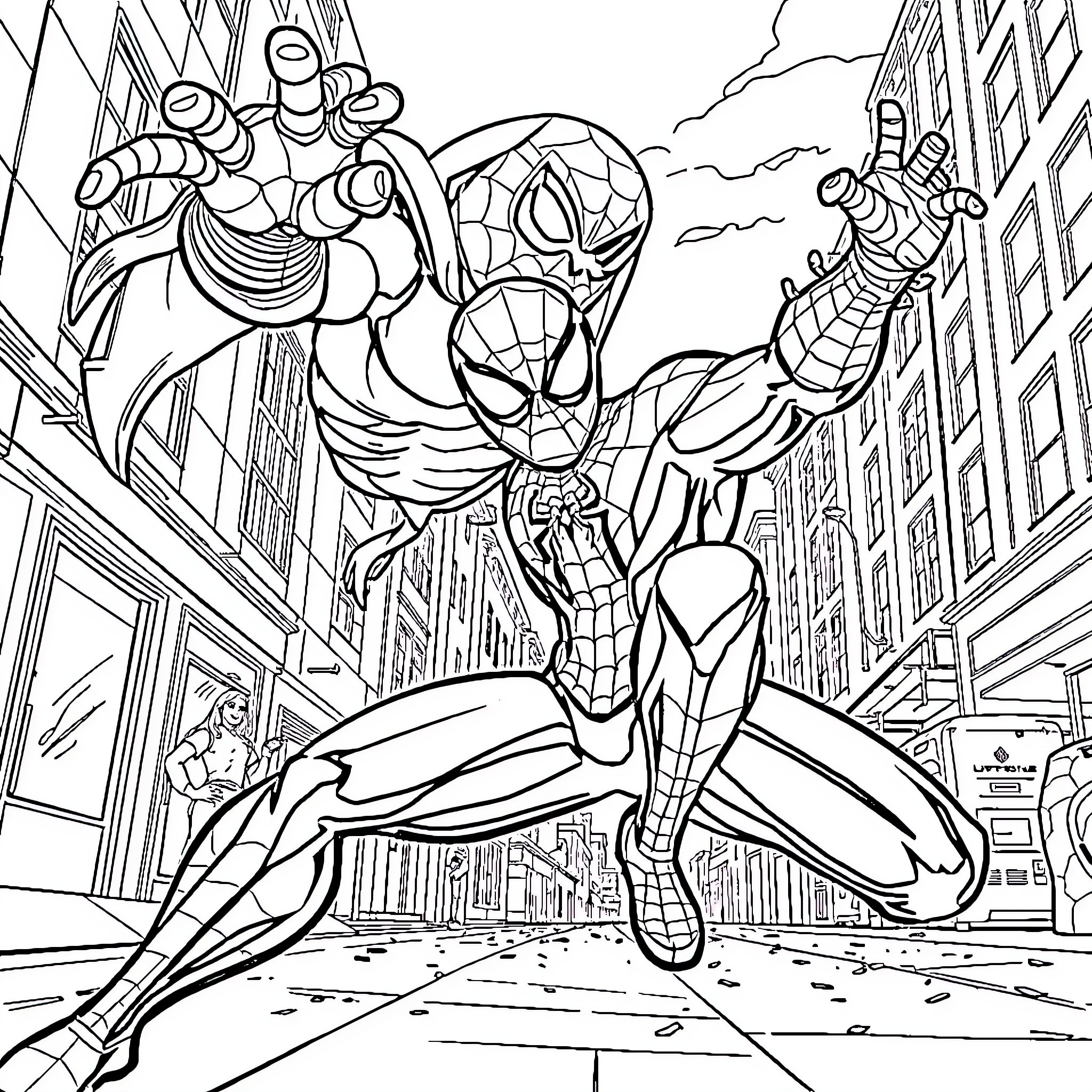 Spiderman swinging through the city on a mission Coloring Page (free black-and-white line drawing printable PDF for all, from beginners to advanced learners, including children, teens, adults, and seniors)