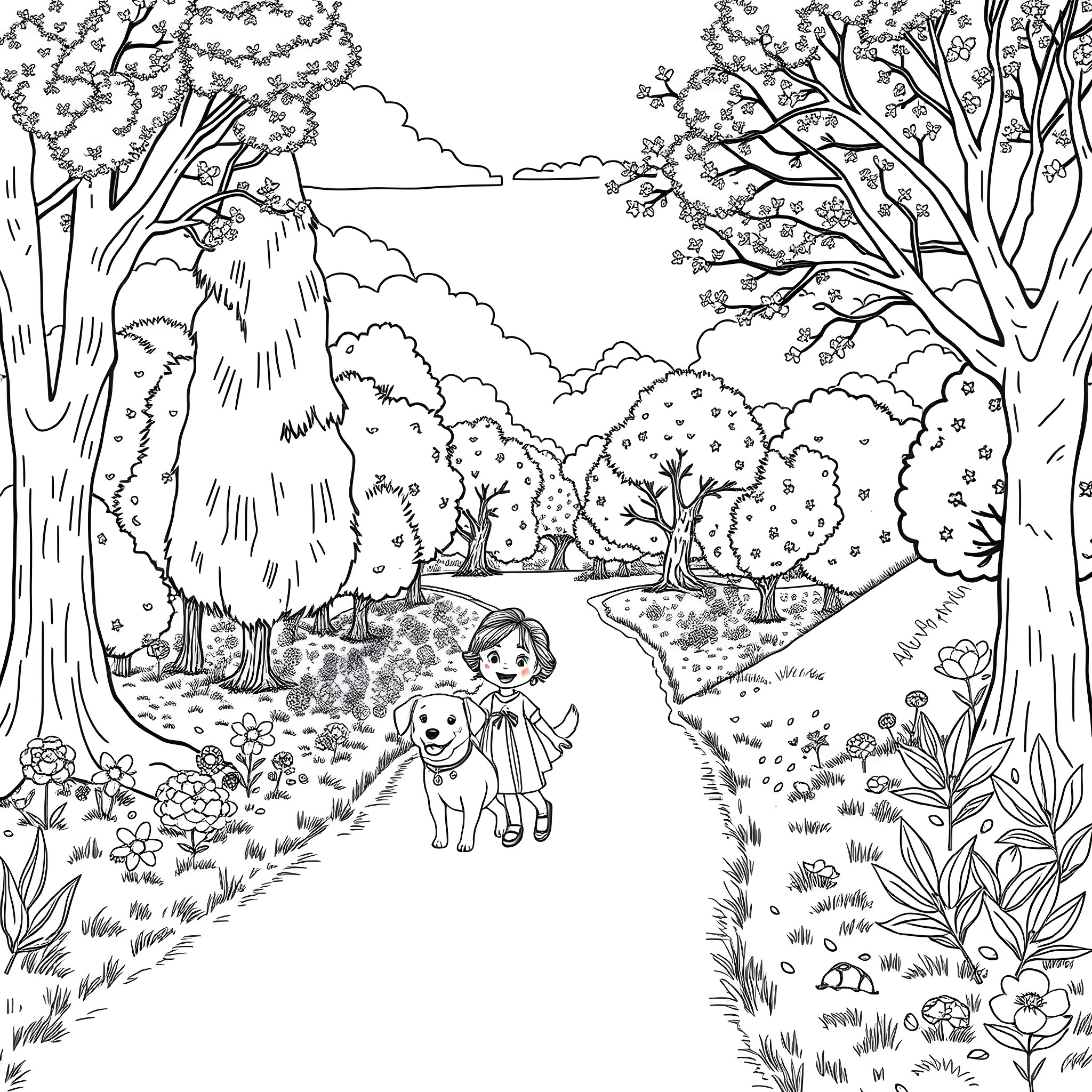 Girl walking with her dog on a nature trail Coloring Page (free black-and-white line drawing printable PDF for all, from beginners to advanced learners, including children, teens, adults, and seniors)