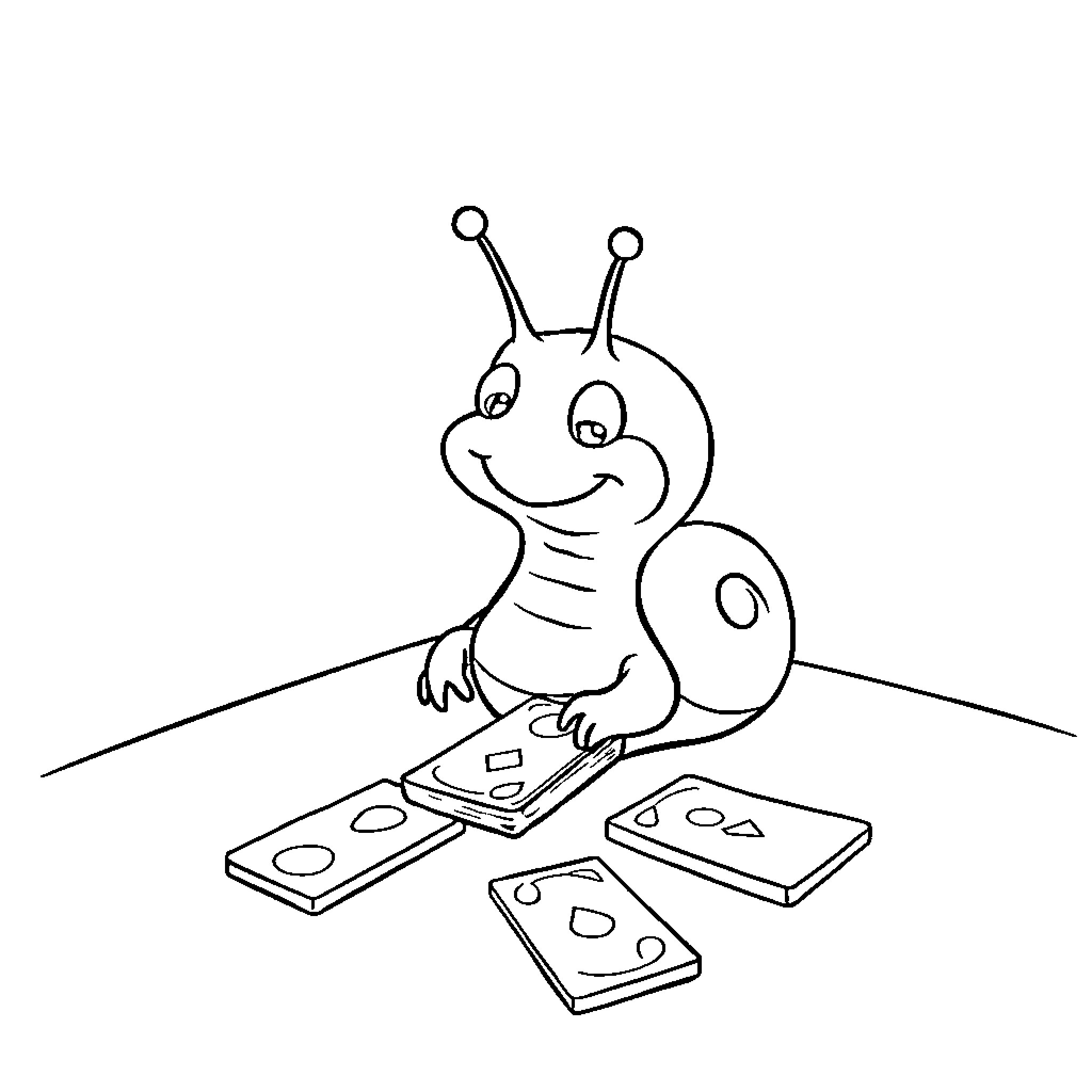 Slug Playing with Dominoes on the Ground Coloring Page (free black-and-white line drawing printable PDF for all, from beginners to advanced learners, including children, teens, adults, and seniors)