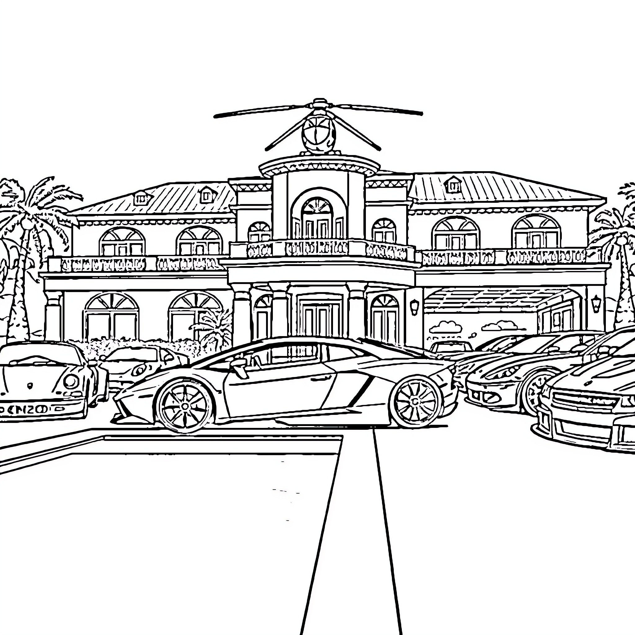 Mansion with luxury cars parked outside Coloring Page (free black-and-white line drawing printable PDF for all, from beginners to advanced learners, including children, teens, adults, and seniors)
