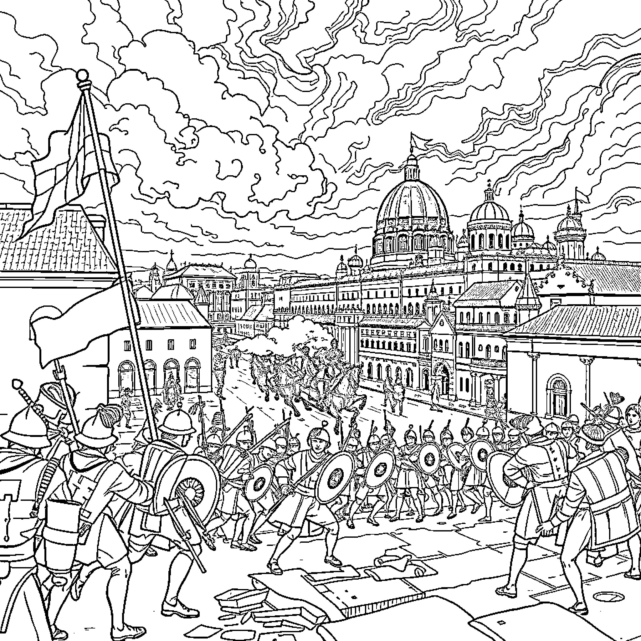 Buda's Medieval Battle with Armored Warriors Coloring Page (free black-and-white line drawing printable PDF for all, from beginners to advanced learners, including children, teens, adults, and seniors)