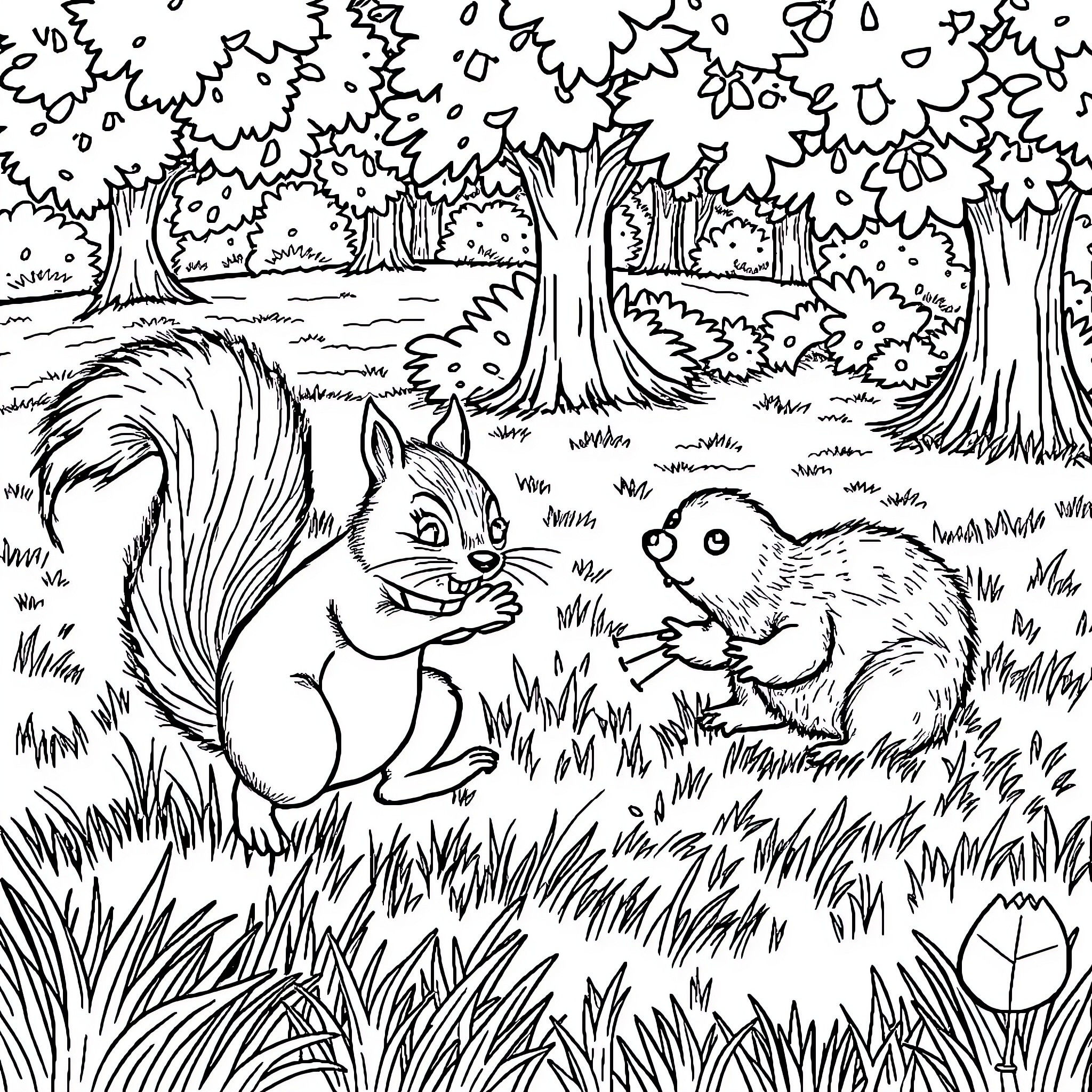 Squirrel and Chipmunk Exploring Whimsical Forest Coloring Page (free black-and-white line drawing printable PDF for all, from beginners to advanced learners, including children, teens, adults, and seniors)