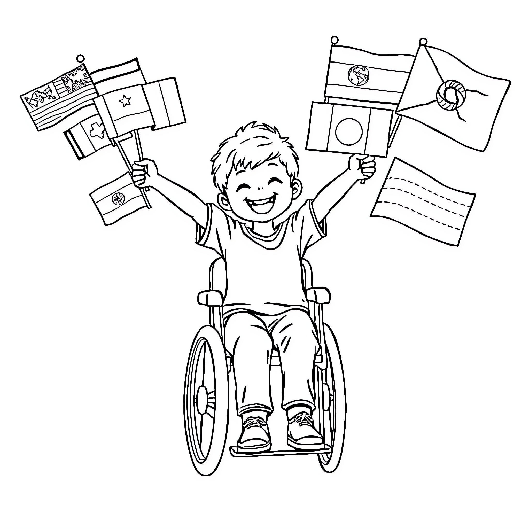 Kid Celebrating with International Flags in Wheelchair Coloring Page (free black-and-white line drawing printable PDF for all, from beginners to advanced learners, including children, teens, adults, and seniors)