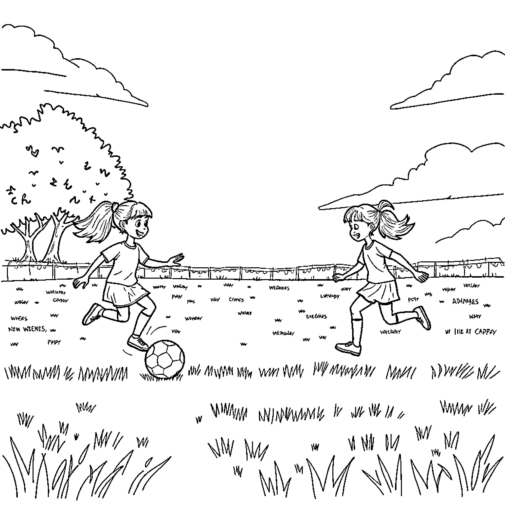 Wednesday girls playing soccer in the park Coloring Page (free black-and-white line drawing printable PDF for all, from beginners to advanced learners, including children, teens, adults, and seniors)