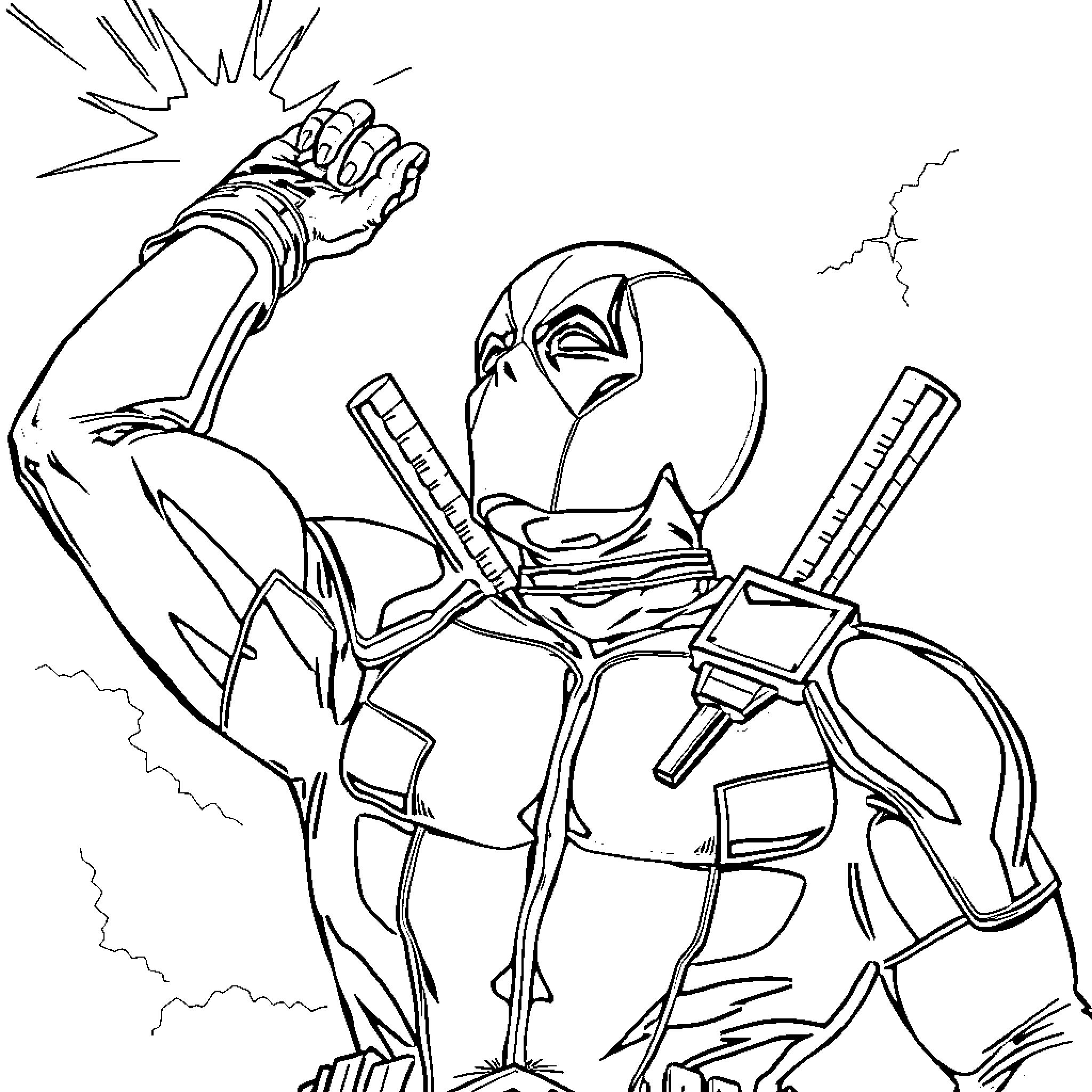 Deadpool in action with weapons and lightning Coloring Page (free black-and-white line drawing printable PDF for all, from beginners to advanced learners, including children, teens, adults, and seniors)