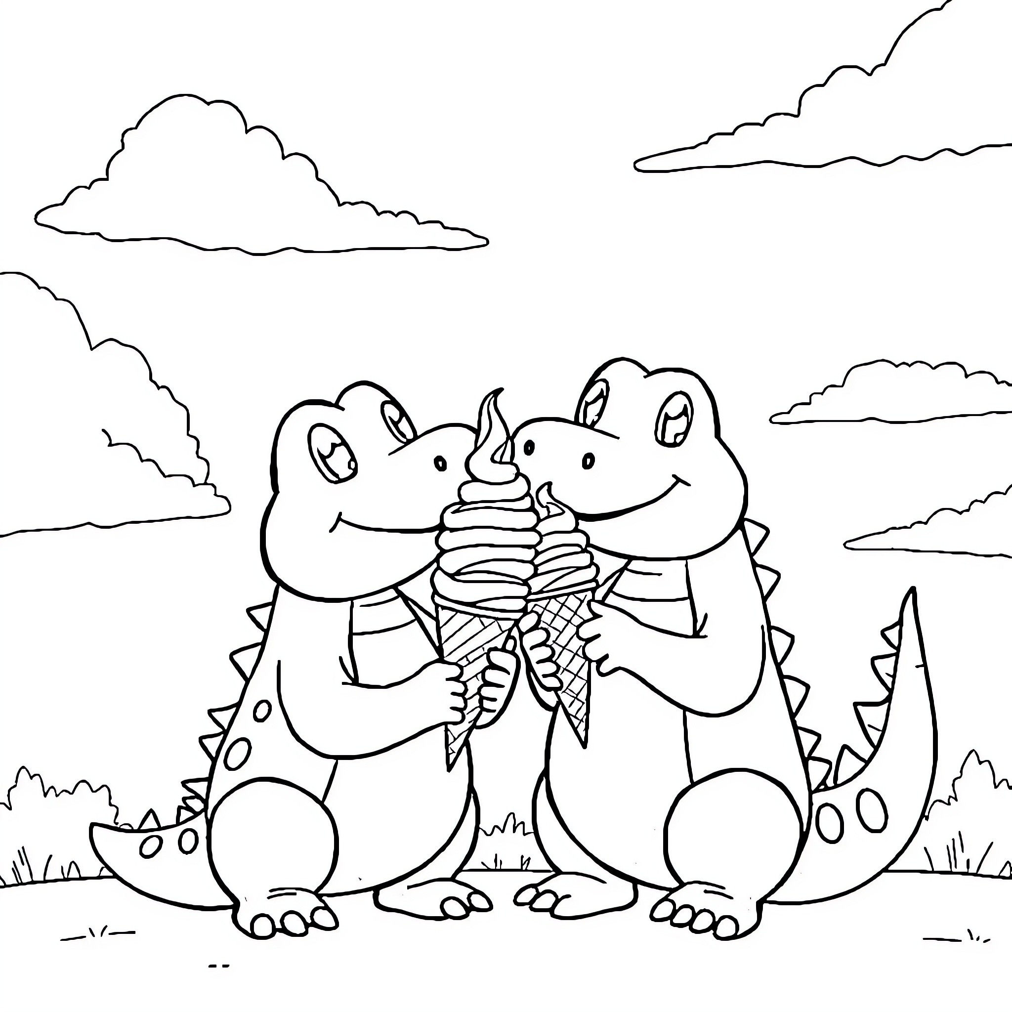Pokémon Enjoying a Shared Treat in Nature Coloring Page (free black-and-white line drawing printable PDF for all, from beginners to advanced learners, including children, teens, adults, and seniors)