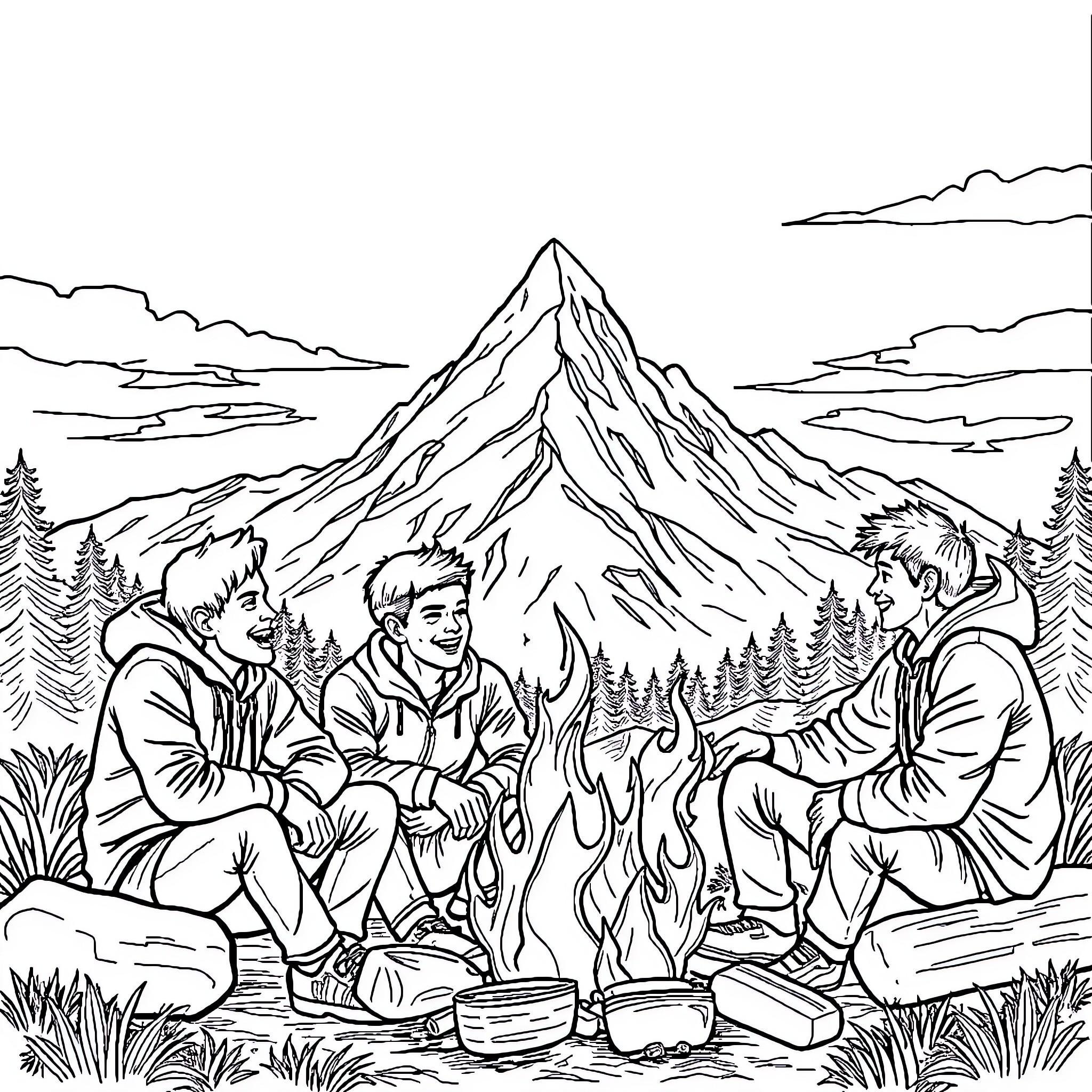Man enjoying outdoor adventure with friends around campfire Coloring Page (free black-and-white line drawing printable PDF for all, from beginners to advanced learners, including children, teens, adults, and seniors)