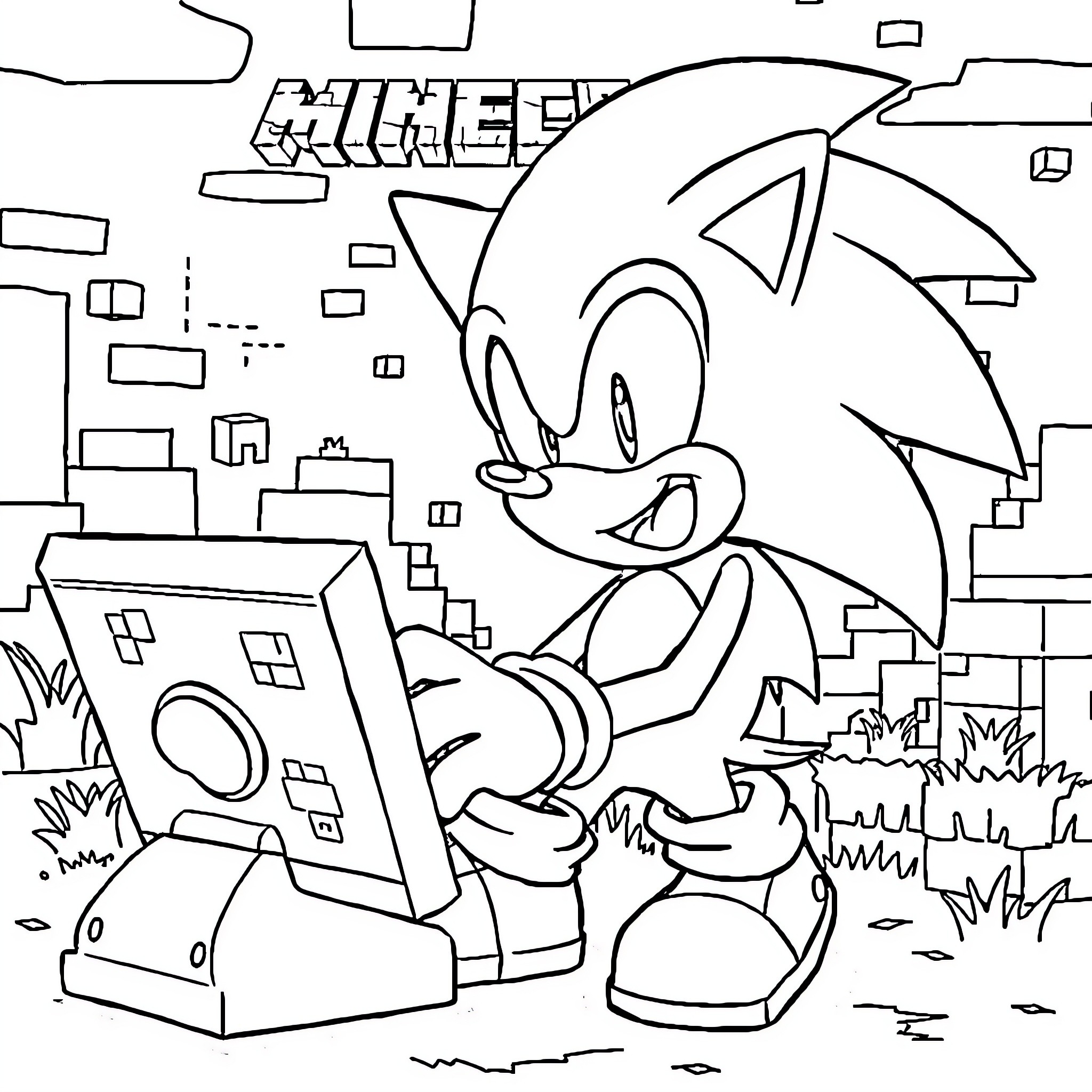 Sonic the Hedgehog exploring a Minecraft-inspired world Coloring Page (free black-and-white line drawing printable PDF for all, from beginners to advanced learners, including children, teens, adults, and seniors)