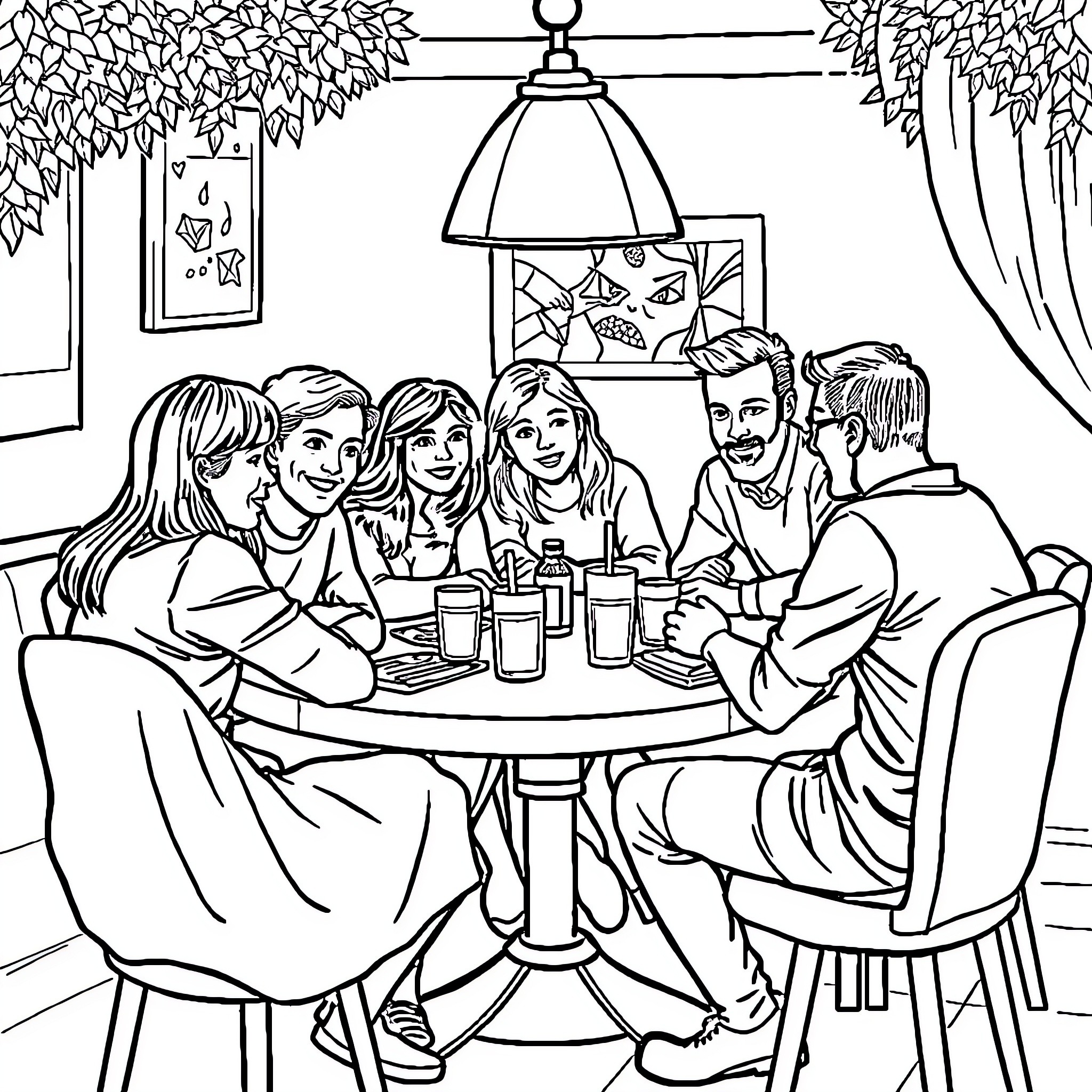 Table with Friends Enjoying a Meal Together Coloring Page (free black-and-white line drawing printable PDF for all, from beginners to advanced learners, including children, teens, adults, and seniors)