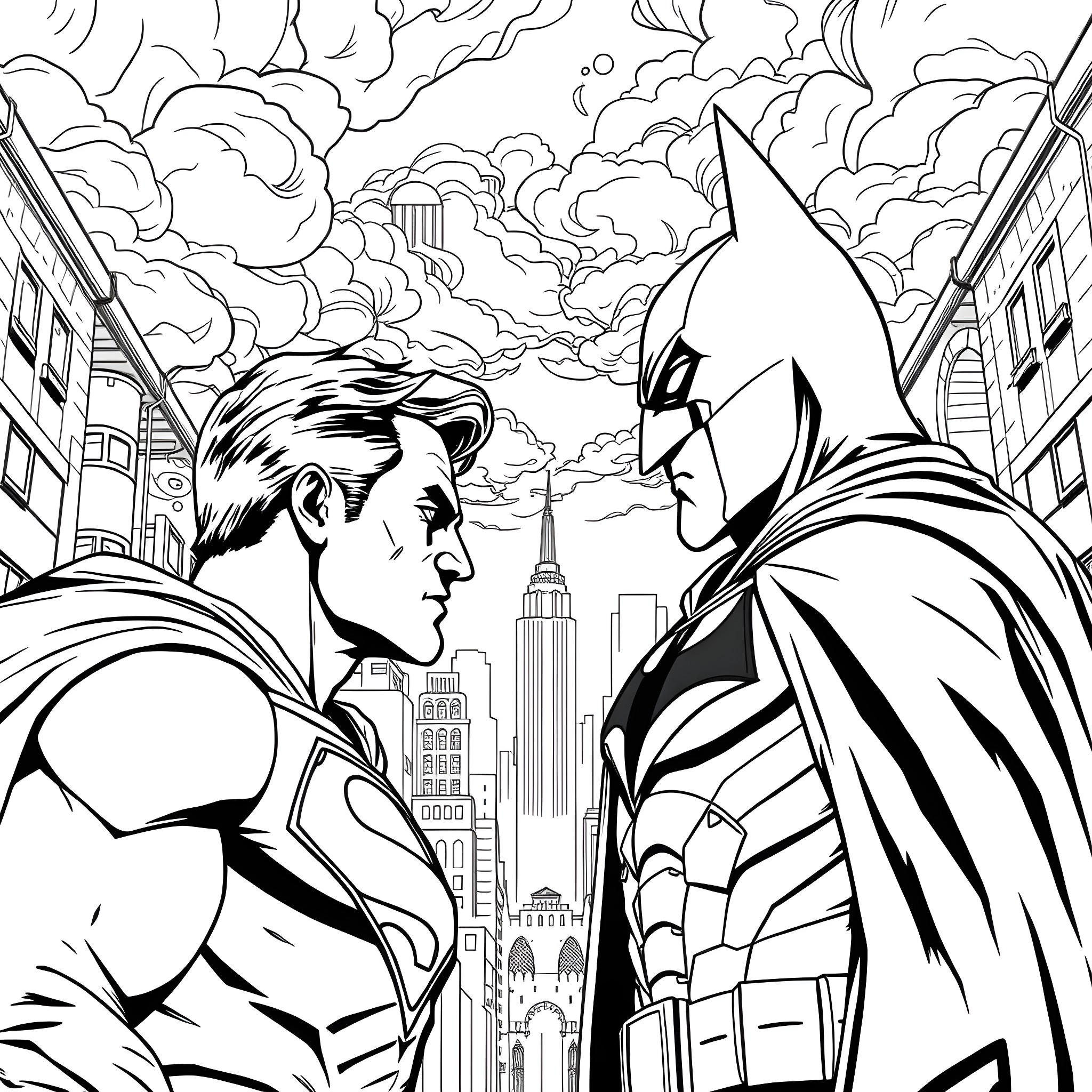 Superman and Batman face off in the city Coloring Page (free black-and-white line drawing printable PDF for all, from beginners to advanced learners, including children, teens, adults, and seniors)
