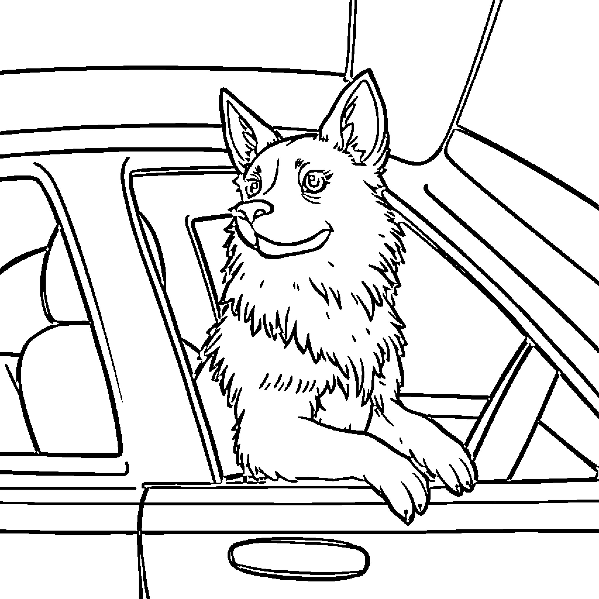 Perro enjoying car ride with happy expression Coloring Page (free black-and-white line drawing printable PDF for all, from beginners to advanced learners, including children, teens, adults, and seniors)