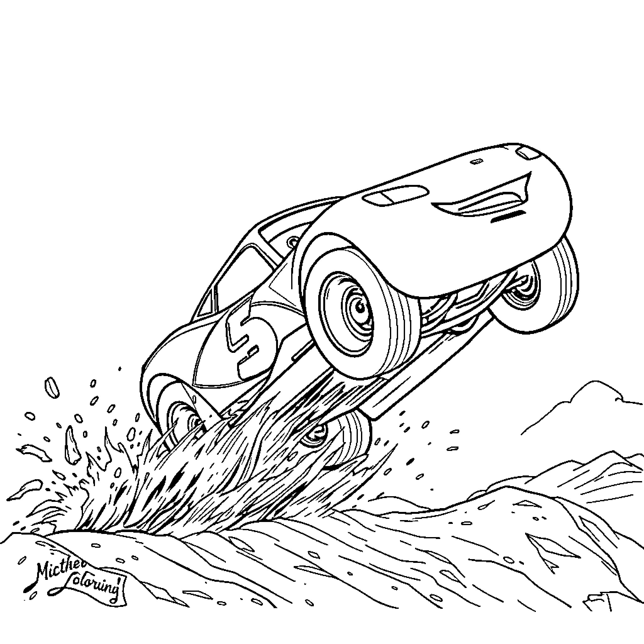 Lightning McQueen racing through the dirt track Coloring Page (free black-and-white line drawing printable PDF for all, from beginners to advanced learners, including children, teens, adults, and seniors)