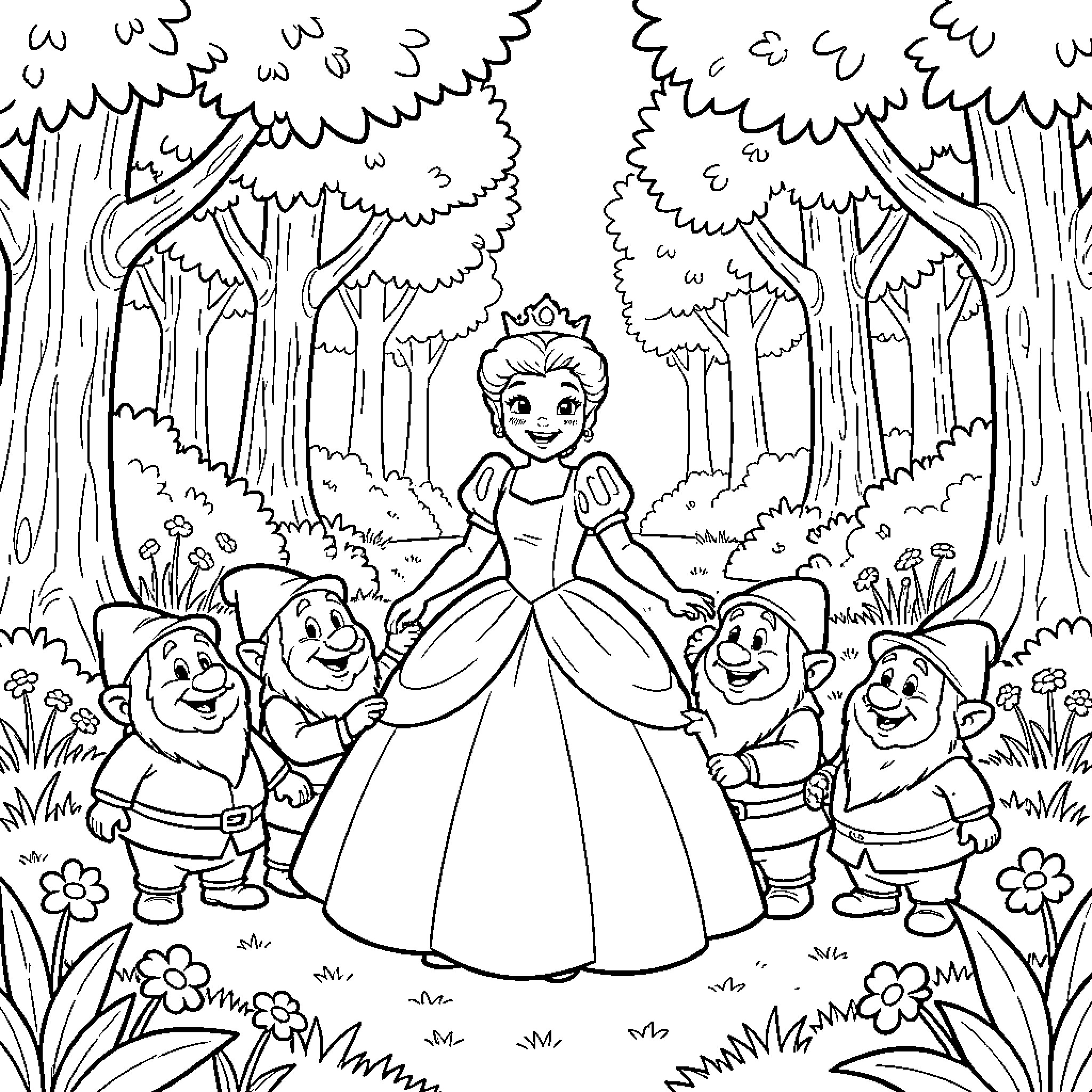 Cinderella in the enchanted forest with her friends Coloring Page (free black-and-white line drawing printable PDF for all, from beginners to advanced learners, including children, teens, adults, and seniors)