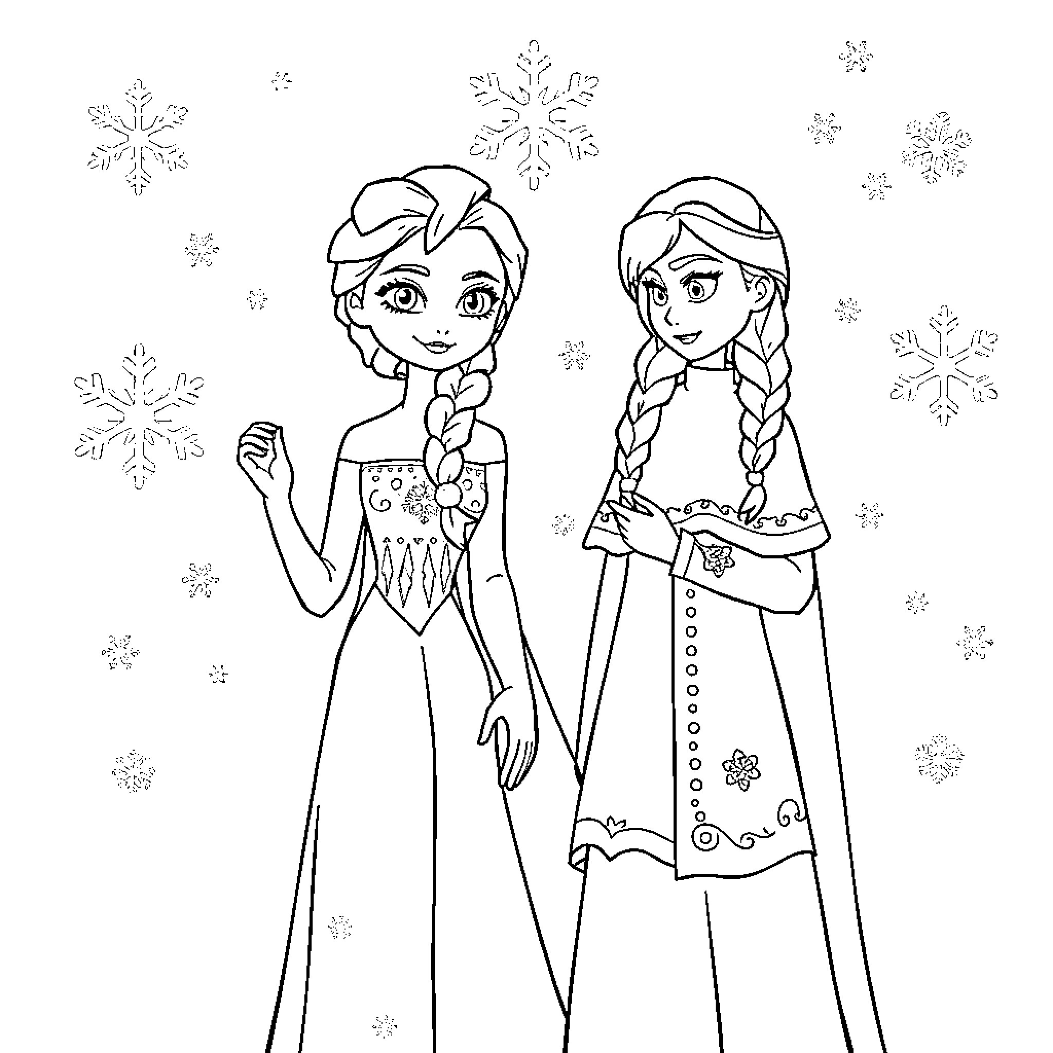 Elsa and Anna enjoying the winter wonderland Coloring Page (free black-and-white line drawing printable PDF for all, from beginners to advanced learners, including children, teens, adults, and seniors)