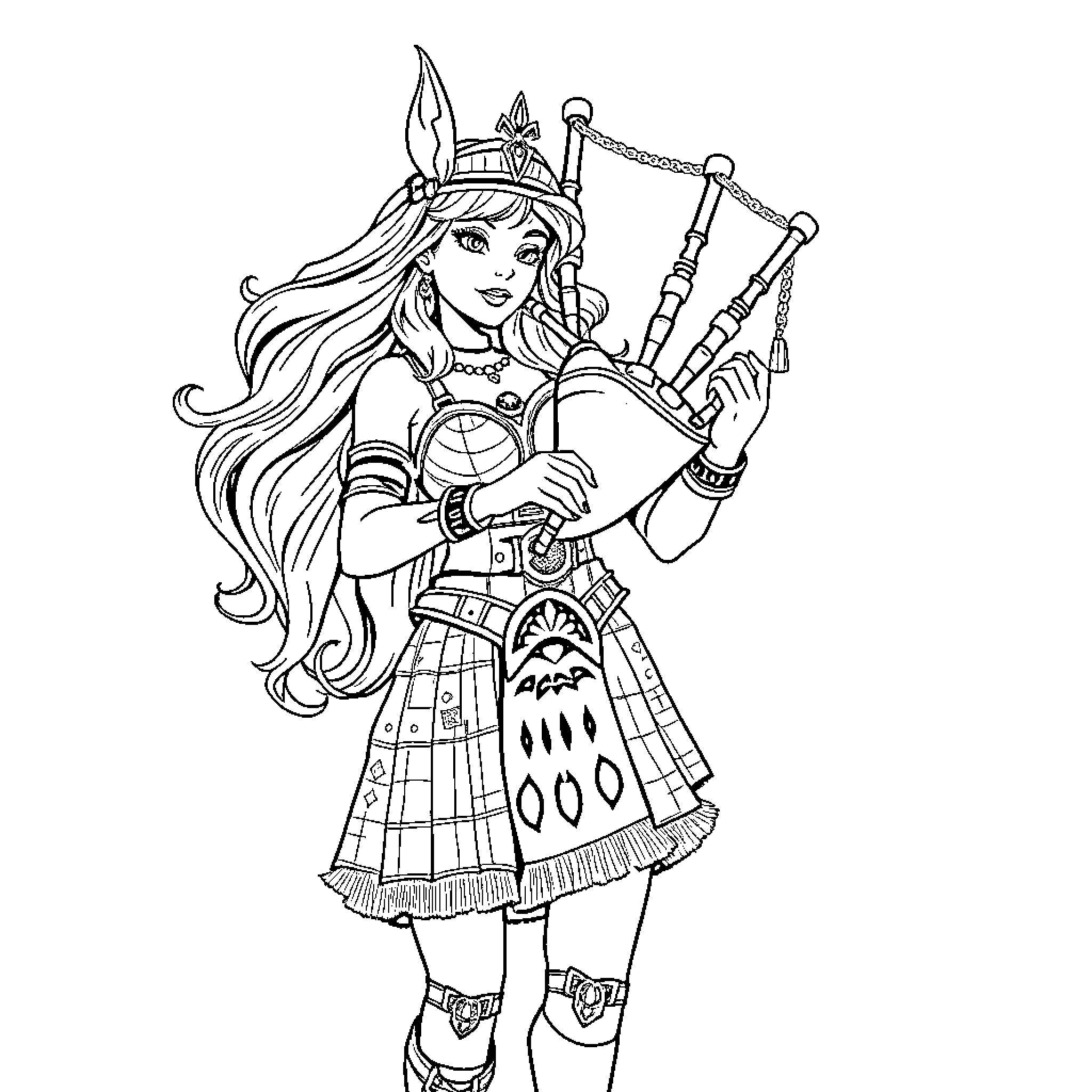 She-Ra playing bagpipes in fantastical outfit Coloring Page (free black-and-white line drawing printable PDF for all, from beginners to advanced learners, including children, teens, adults, and seniors)