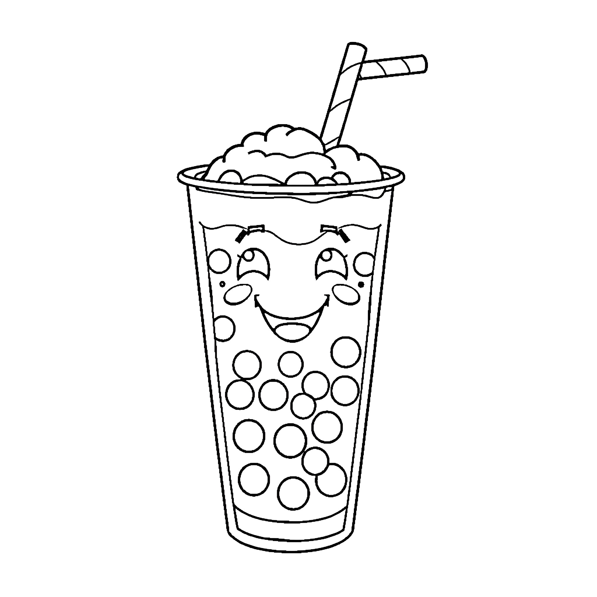 Boba Tea with a Cheerful Expression Coloring Page (free black-and-white line drawing printable PDF for all, from beginners to advanced learners, including children, teens, adults, and seniors)