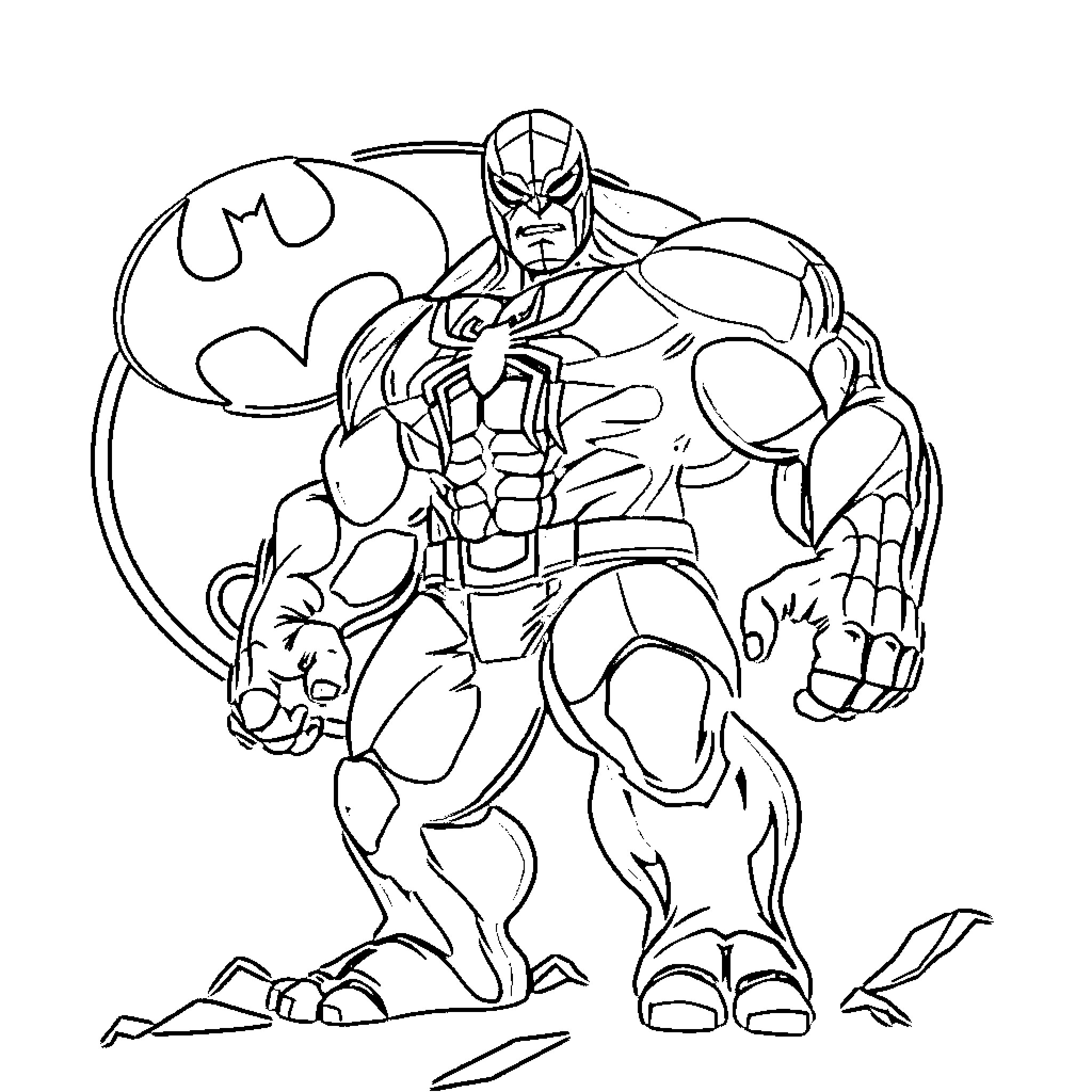 Hulk-like Superhero in Action Pose Coloring Page (free black-and-white line drawing printable PDF for all, from beginners to advanced learners, including children, teens, adults, and seniors)